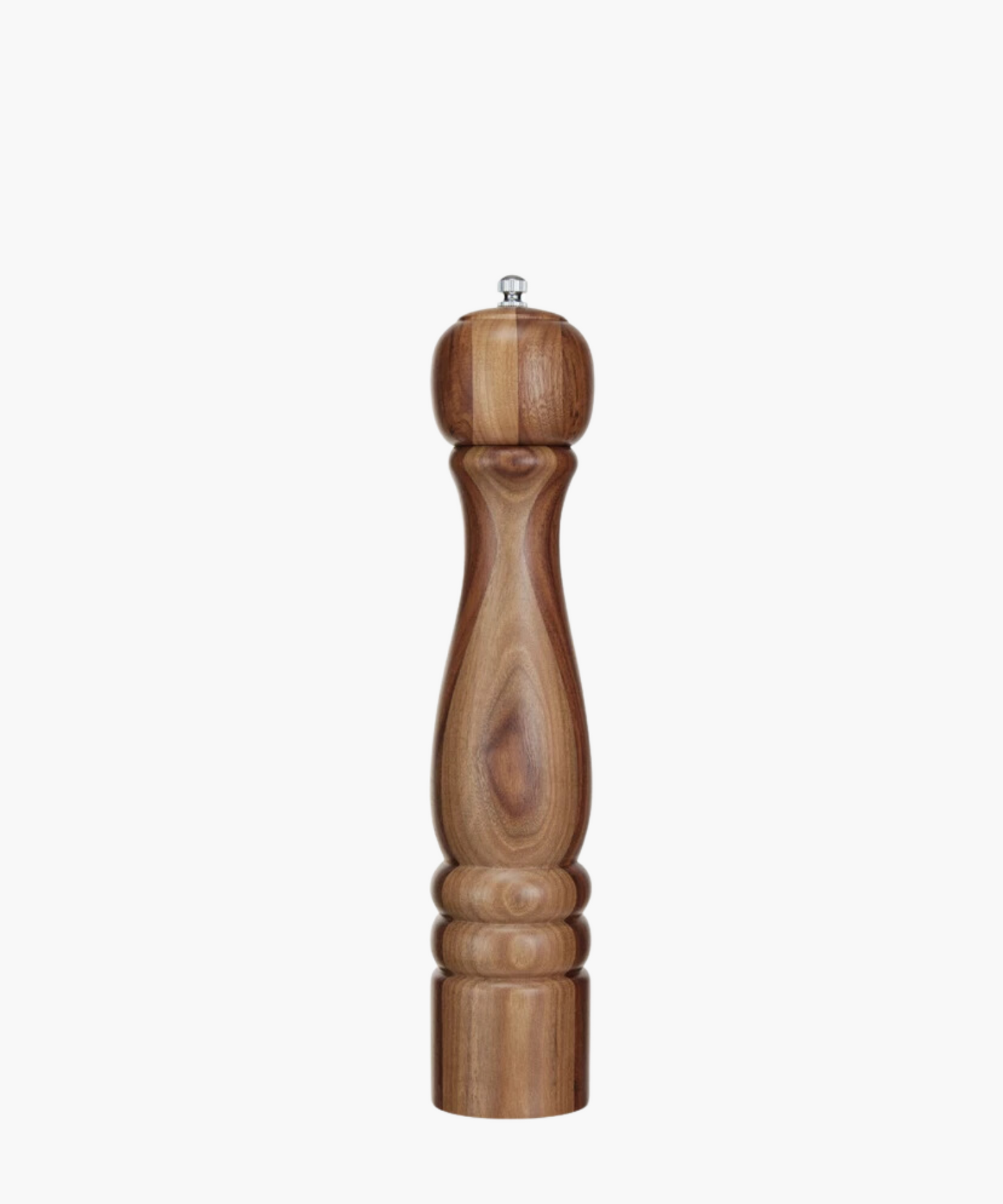 Wooden pepper or salt grinder with smooth, polished finish. Its elegant curves and rich grain patterns convey a classic, refined look.