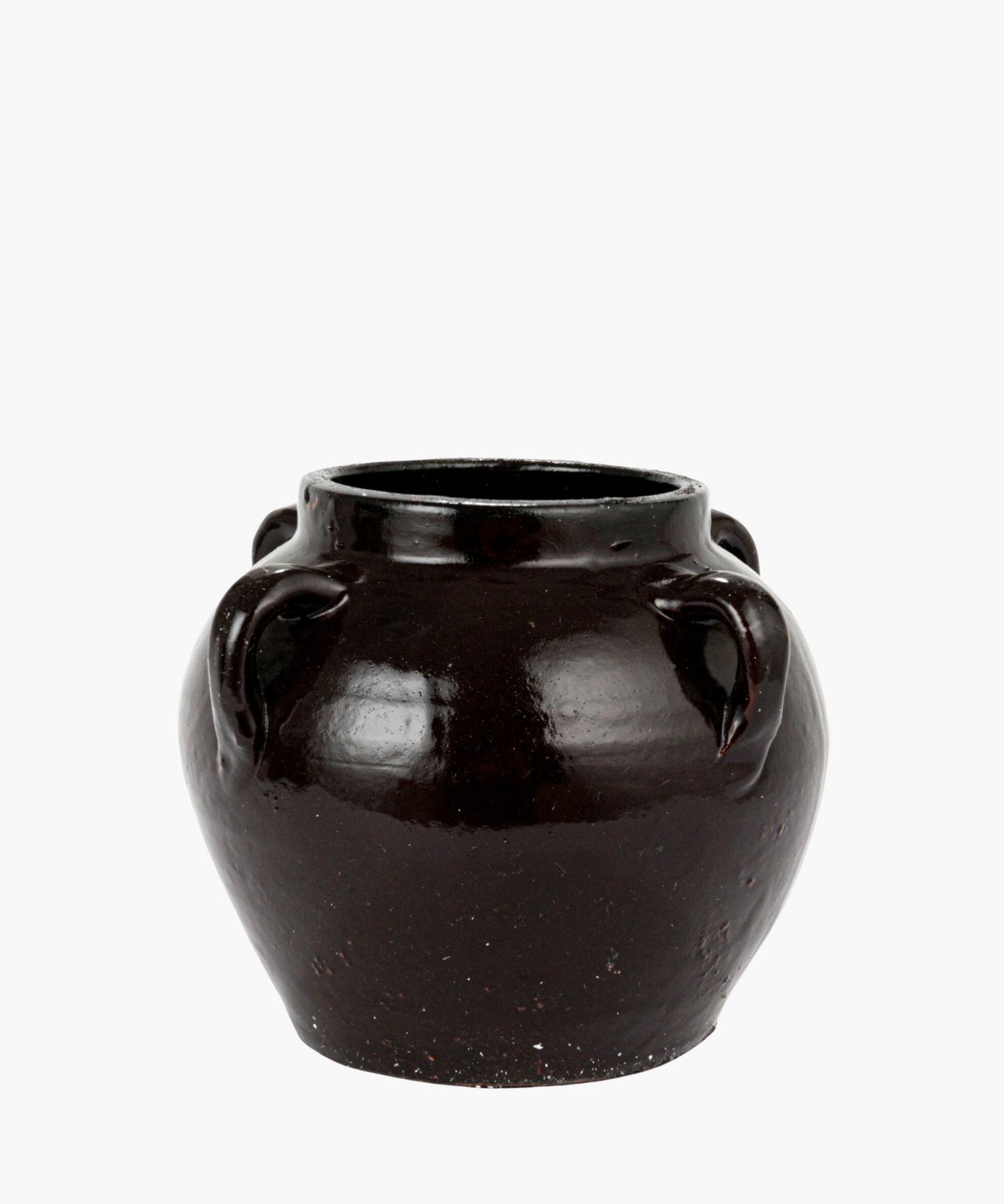 A small vintage-inspired shiny, black ceramic pot with a wide, rounded body and a narrow open top. It features four delicate small loop handles and a smooth surface.
