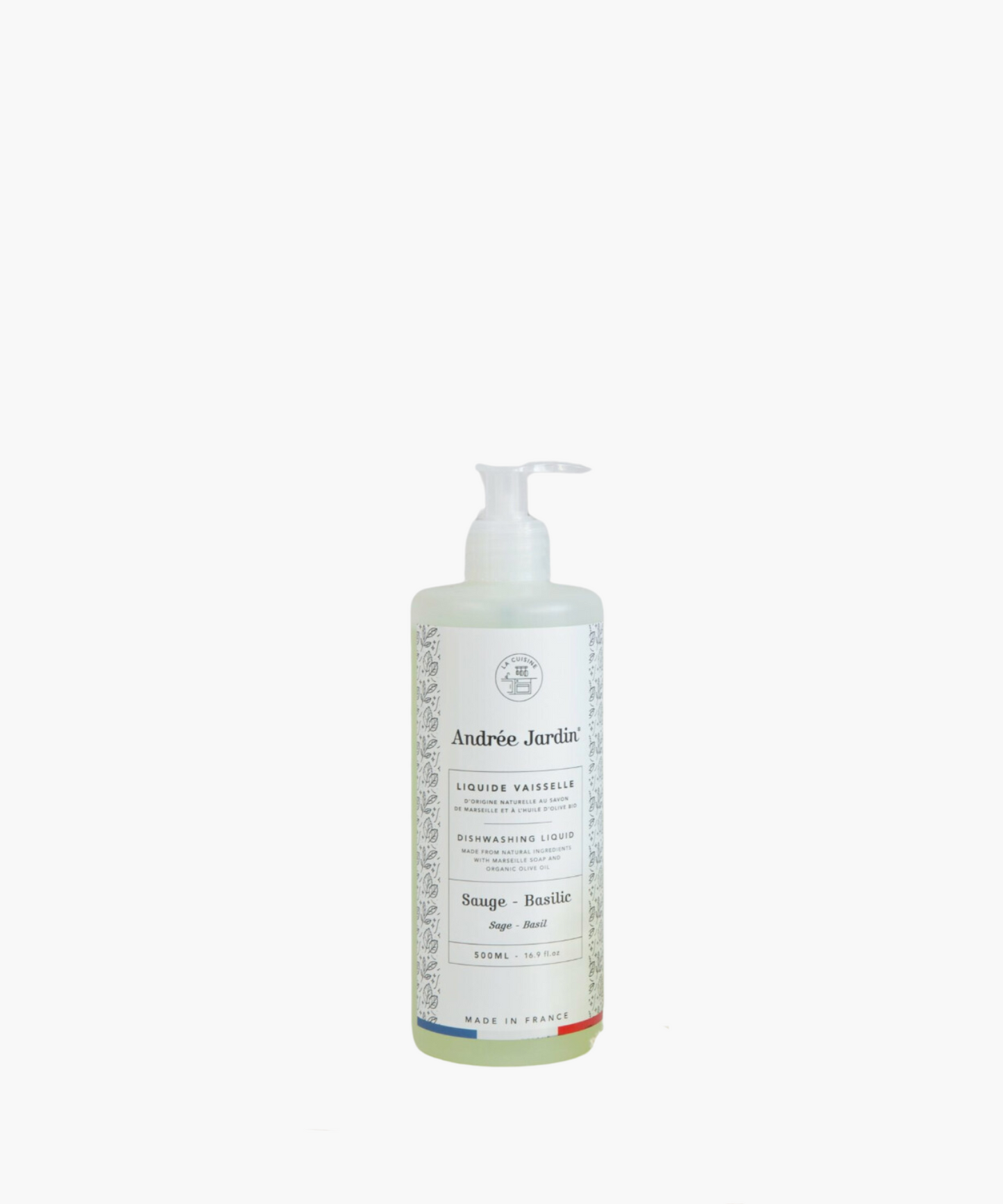 Clear bottle of Andrée Jardin dishwashing liquid, labeled "Sage-Basil." Features elegant design and French branding, conveying a clean, natural vibe.