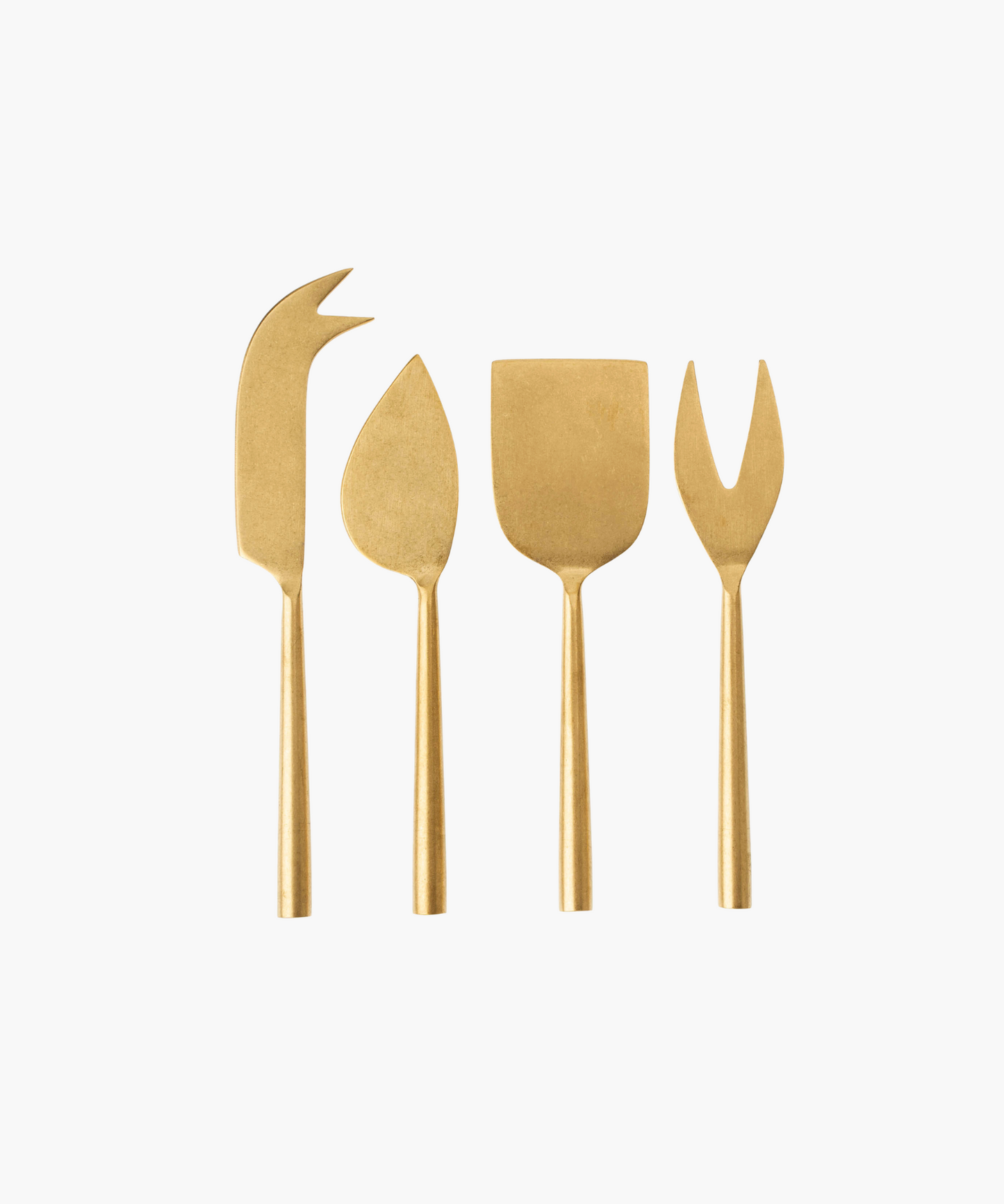 Four gold cheese knives are arranged vertically against a plain white background. They vary in shape, featuring a cleaver, spear, flat, and forked design.