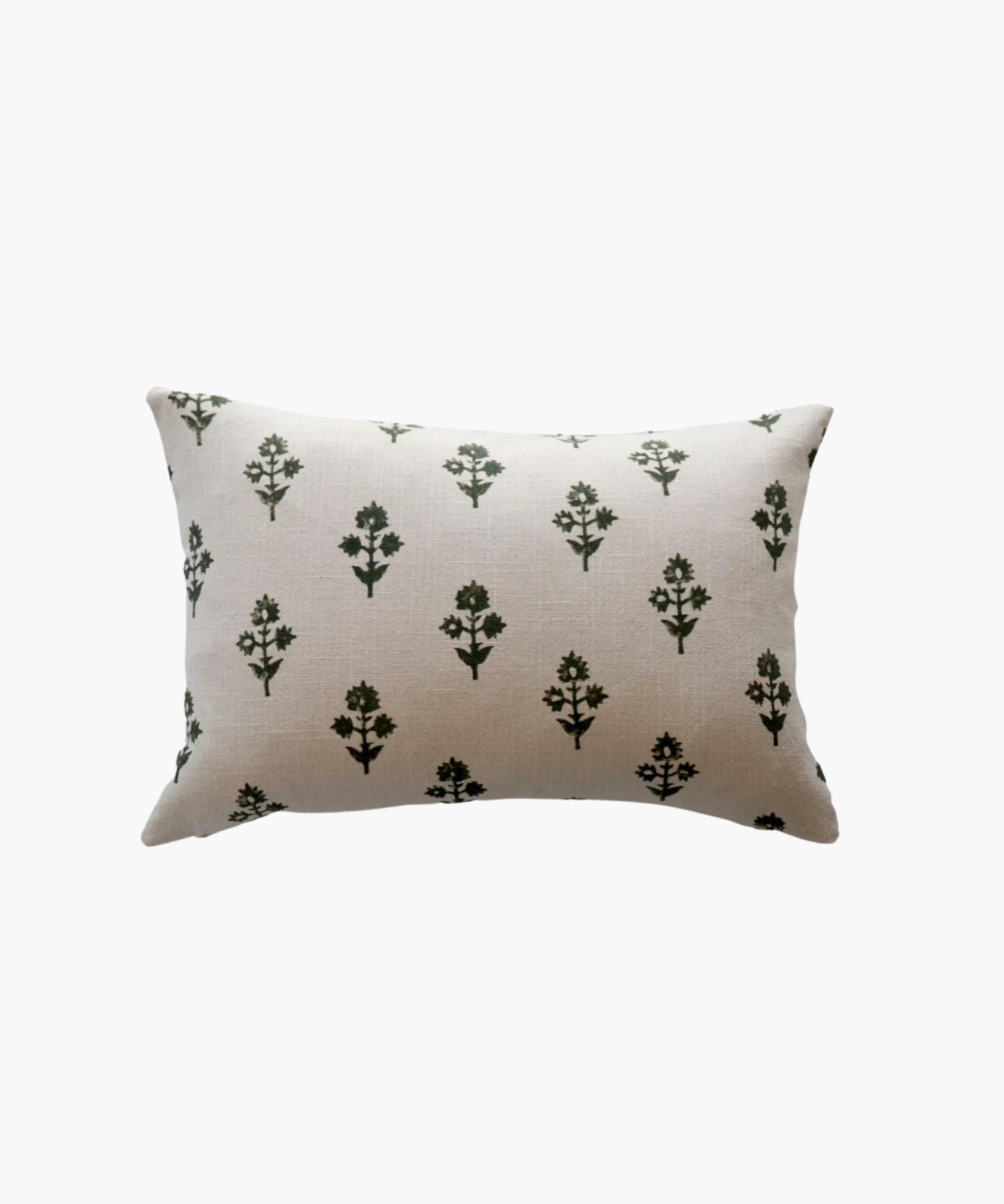 A rectangular lumbar beige pillow with a pattern of evenly spaced, small dark green botanicals. The design is simple and calming, evoking a natural, serene atmosphere.