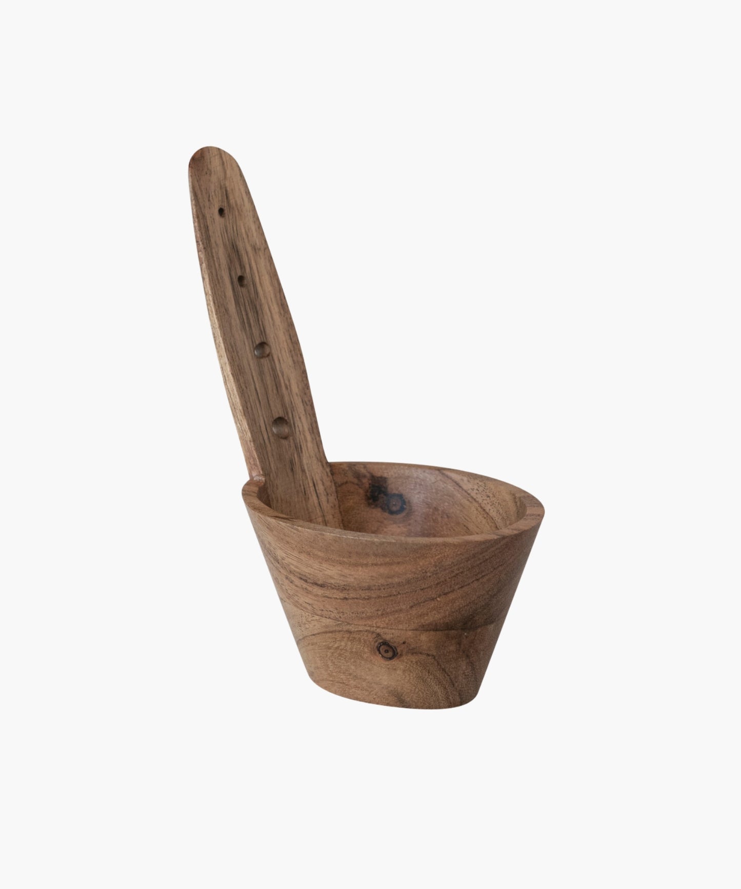 A natural Acacia wood herb stripper featuring a cylindrical bowl and a paddle-like handle with holes. The wood grain is prominent, conveying a rustic, hand-crafted feel.