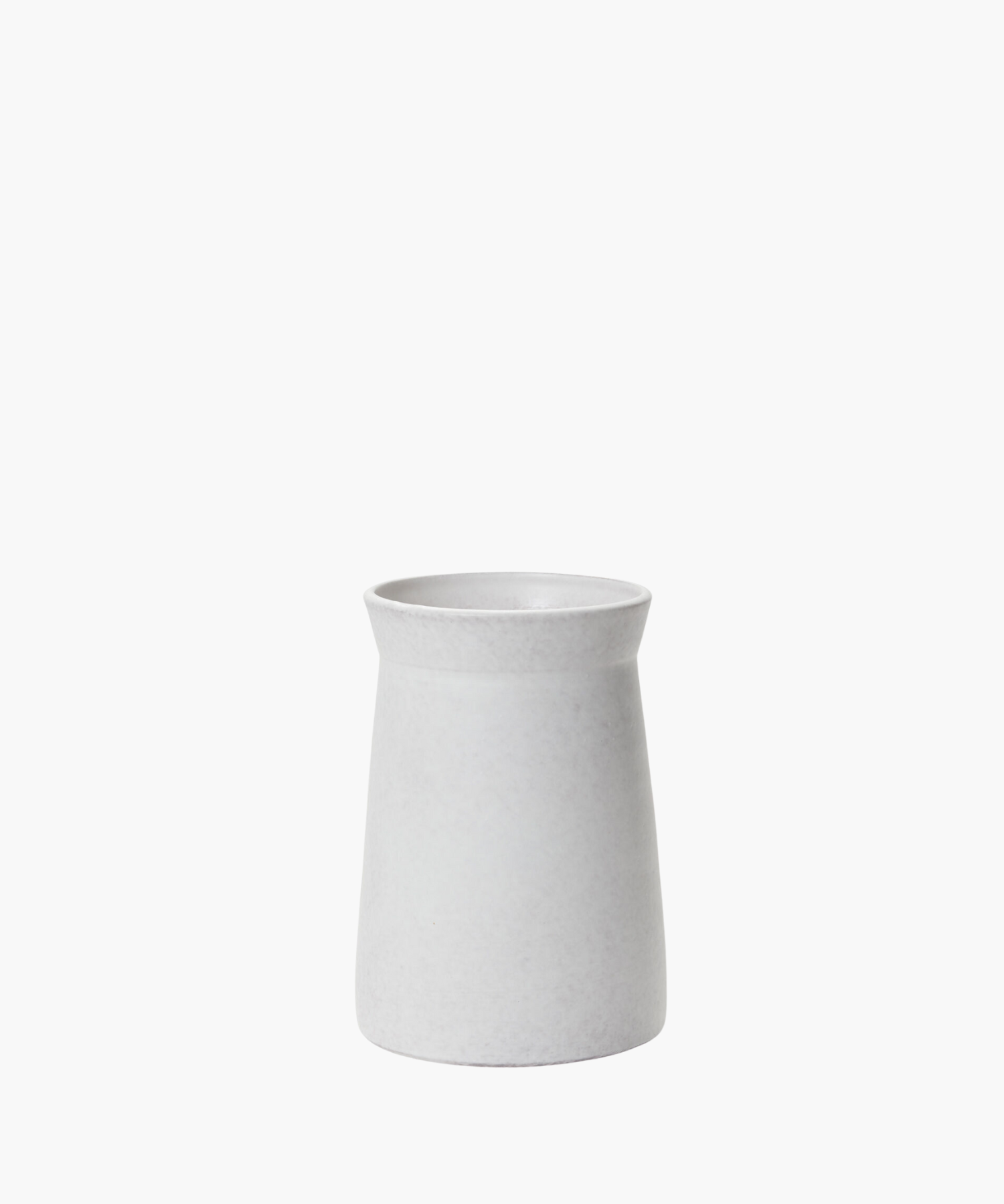 A minimalist, cylindrical white ceramic vase with a slightly flared rim against a plain white background, conveying simplicity and elegance.