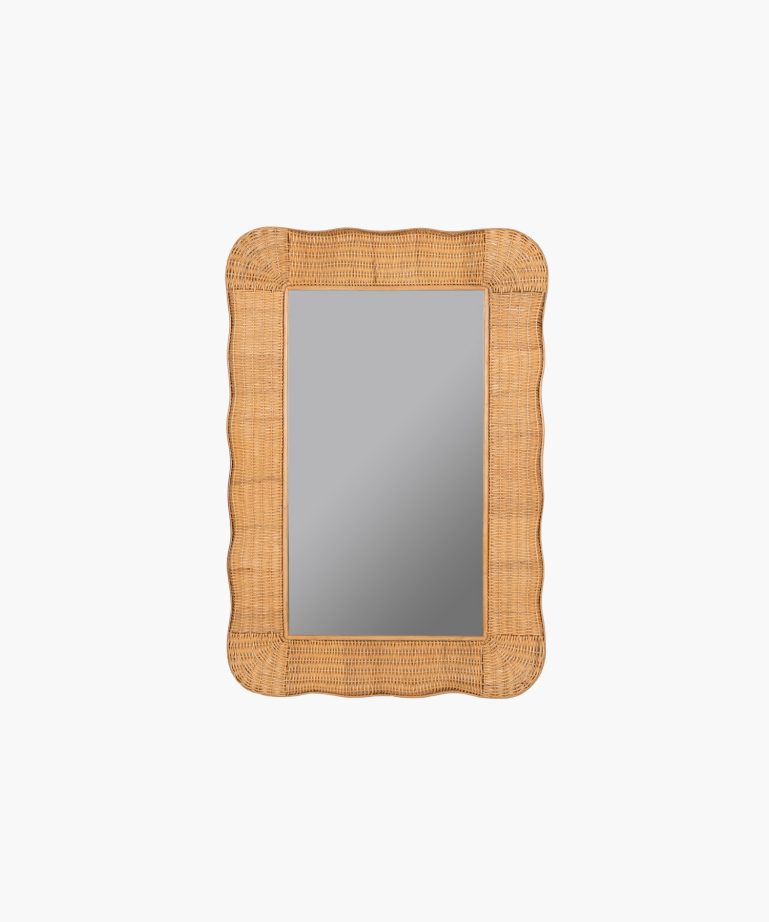 A rectangular mirror with a wavy, wicker-style frame in light brown. The design adds a rustic and natural touch, evoking a warm, cozy feel.