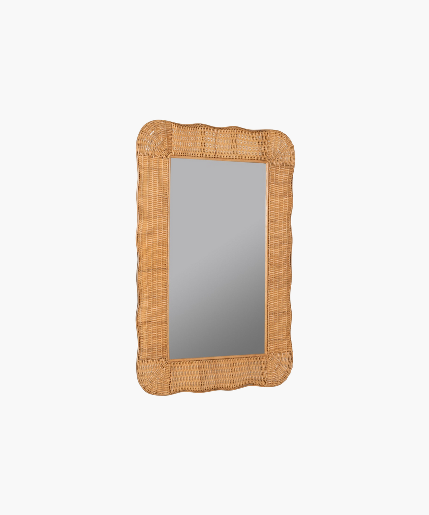 A rectangular mirror with a wavy, wicker-style frame in light brown. The design adds a rustic and natural touch, evoking a warm, cozy feel.