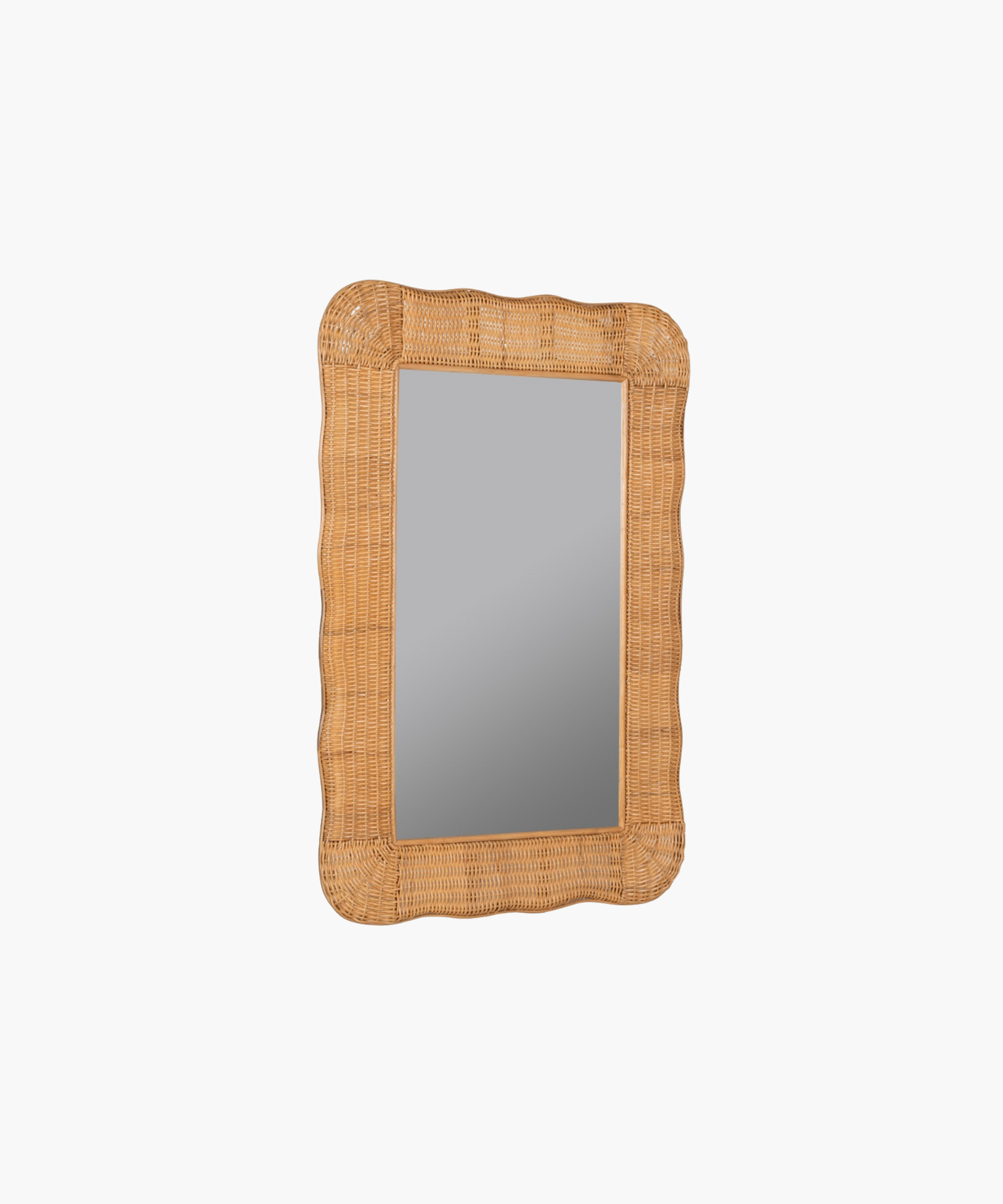 A rectangular mirror with a wavy, wicker-style frame in light brown. The design adds a rustic and natural touch, evoking a warm, cozy feel.