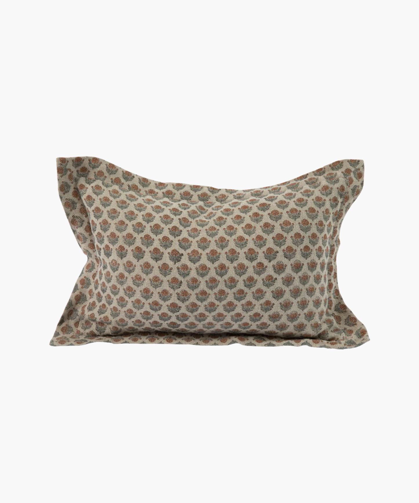 A rectangular lumbar pillow with a floral pattern featuring small brown and blue flower motifs on a beige background, creating a cozy and vintage feel.