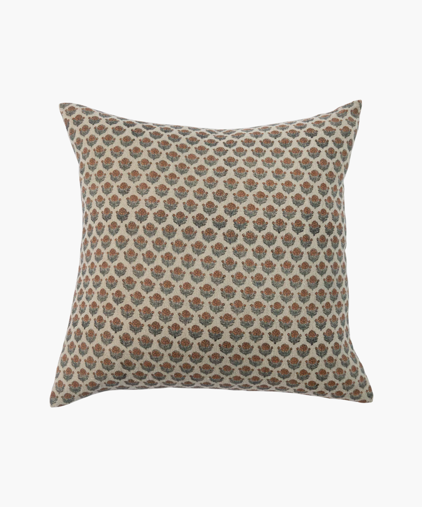A square pillow with a floral pattern featuring small brown and blue flower motifs on a beige background, creating a cozy and vintage feel.