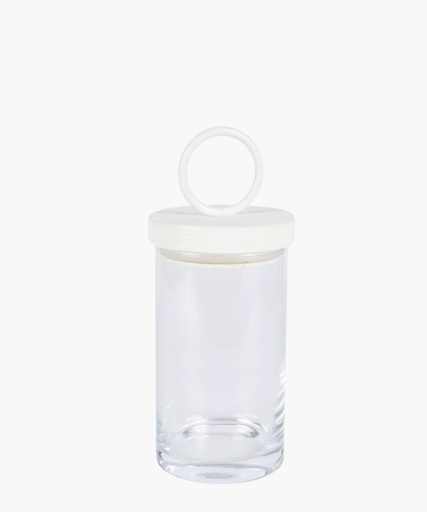 Clear glass jar with a round, white iron and reclaimed wood lid featuring a loop handle. The jar is empty, showcasing its clean and minimalist design.