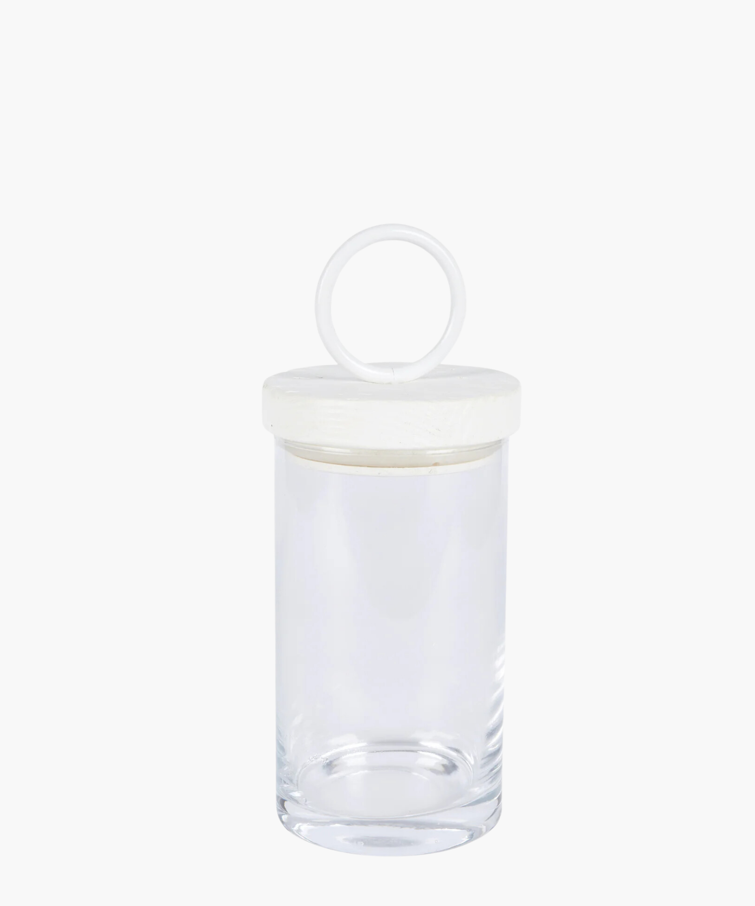 Clear glass jar with a round, white iron and reclaimed wood lid featuring a loop handle. The jar is empty, showcasing its clean and minimalist design.