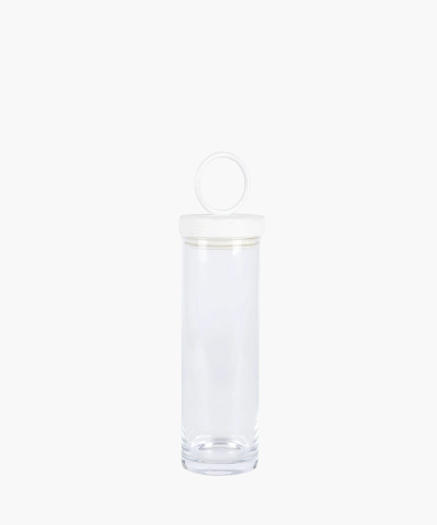 Clear glass jar with a round, white iron and reclaimed wood lid featuring a loop handle. The jar is empty, showcasing its clean and minimalist design.