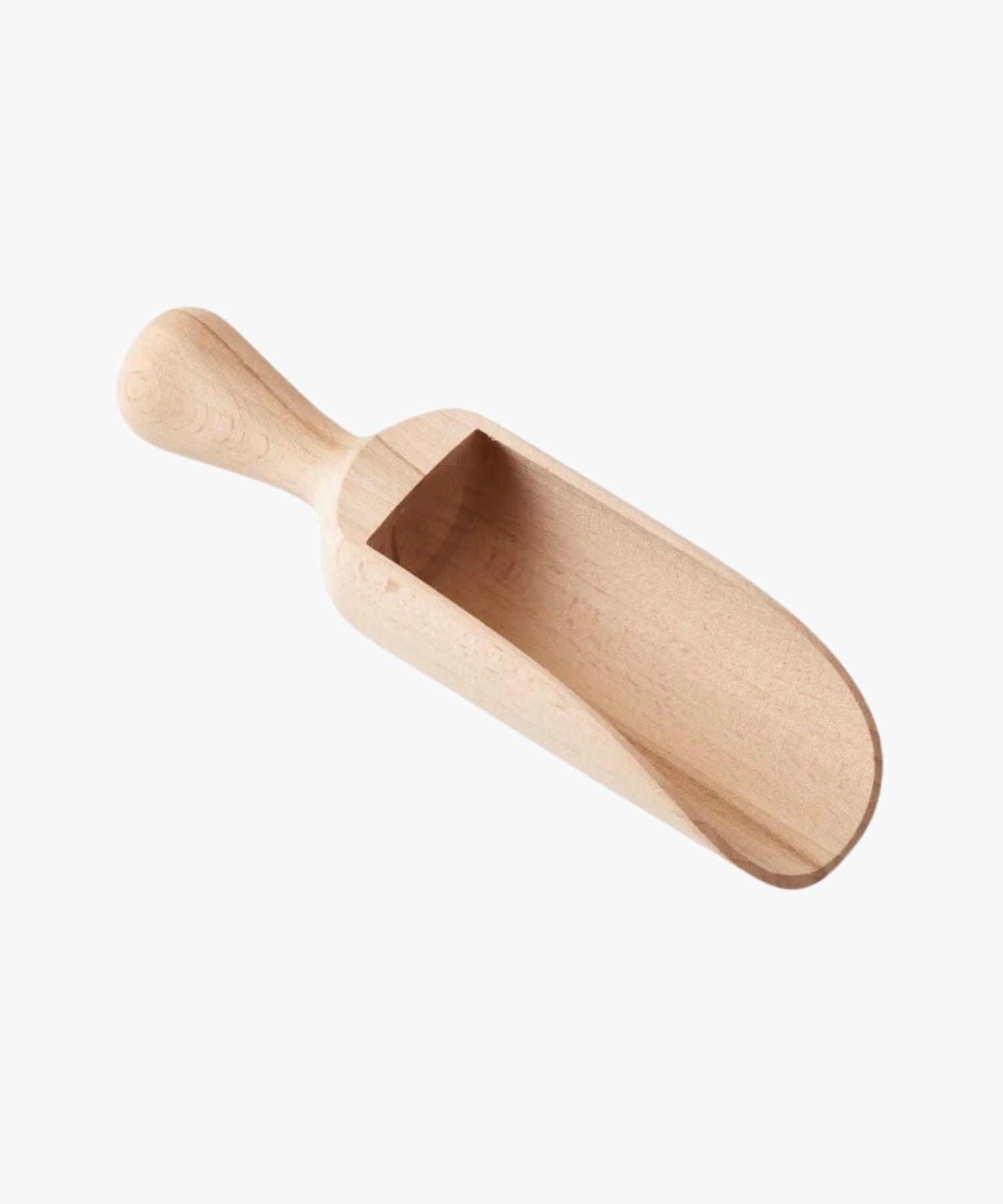 Beechwood scoop with a short handle and a broad, shallow bowl. The smooth, light-colored wood conveys a rustic, natural feel.