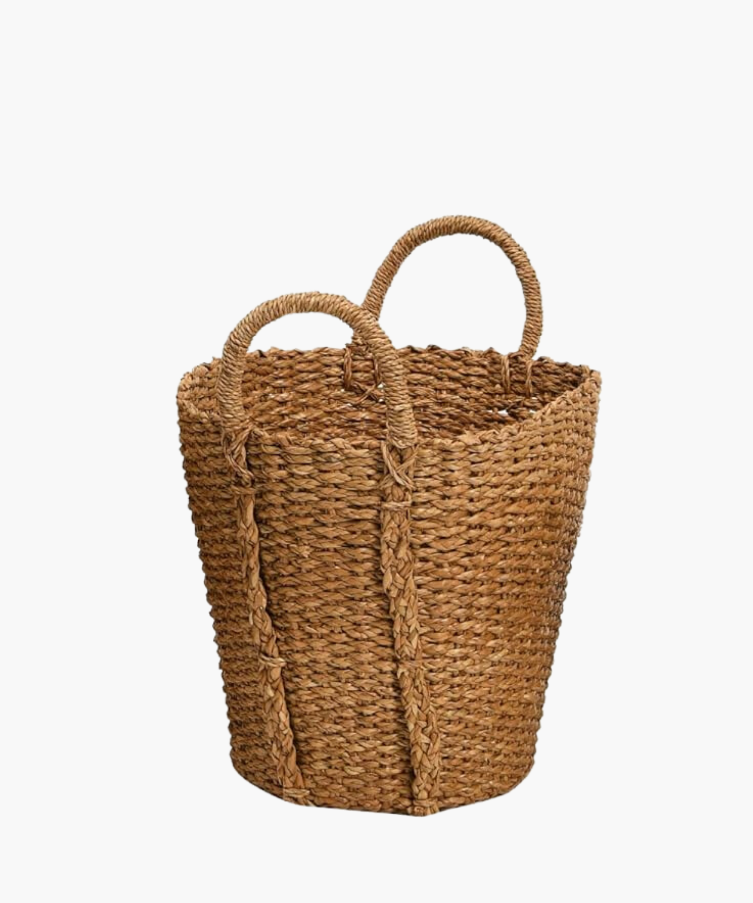 A  hand woven basket with two sturdy looped handles. The basket's braided texture conveys a rustic and natural feel, perfect for storage or decoration.