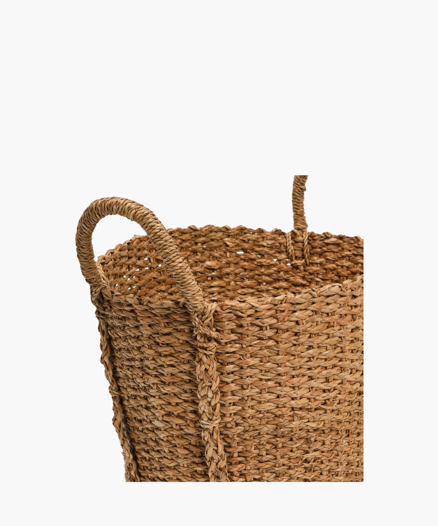 A detailed picture of a hand woven basket  highlighting its two sturdy looped handles and  braided texture.