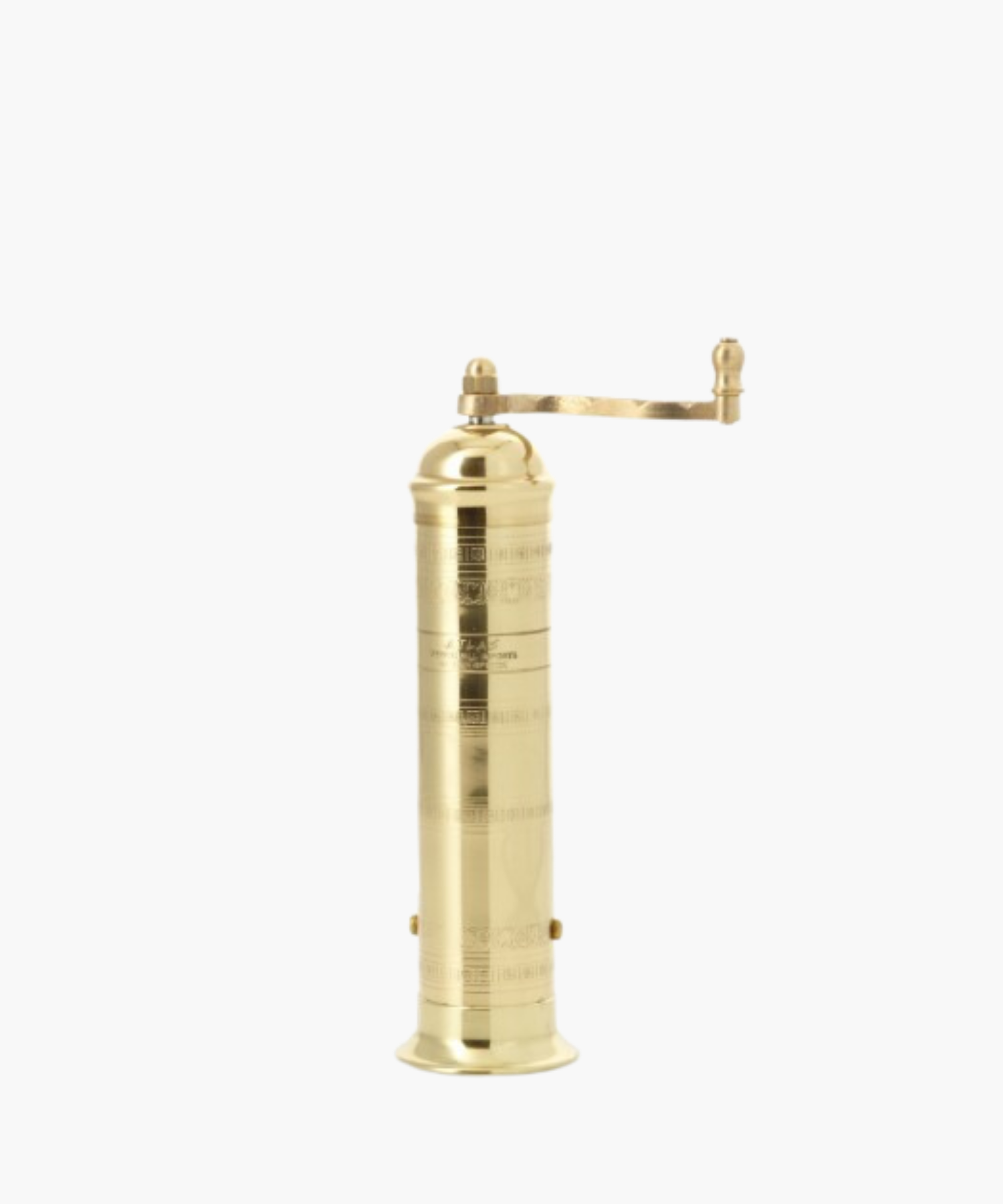 Tall, cylindrical brass pepper mill with a decorative pattern and a side handle, conveying elegance.