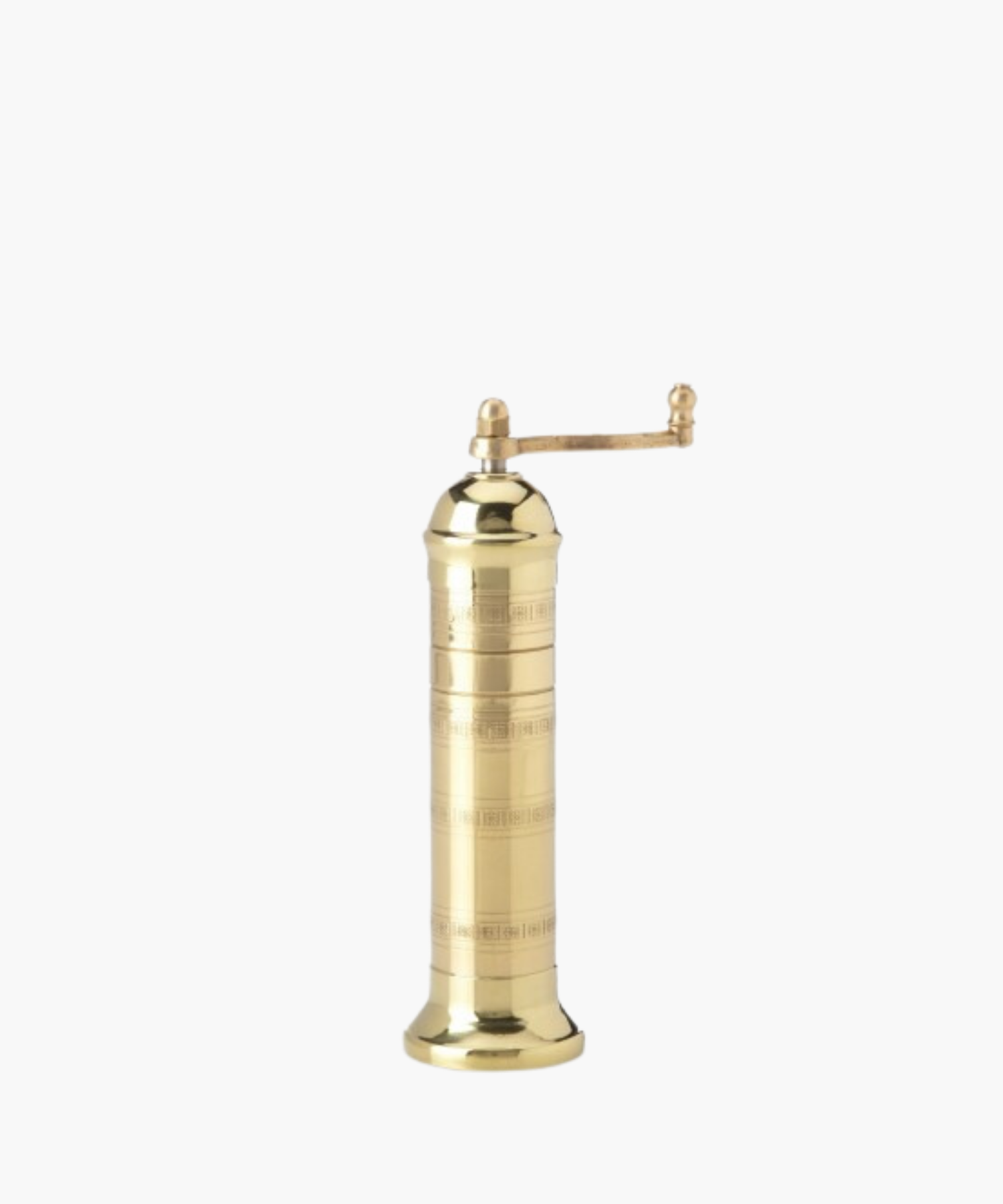 A brass pepper mill with a sleek, cylindrical design and an ornate handle on top. The polished surface gives a shiny, elegant, and vintage feel.