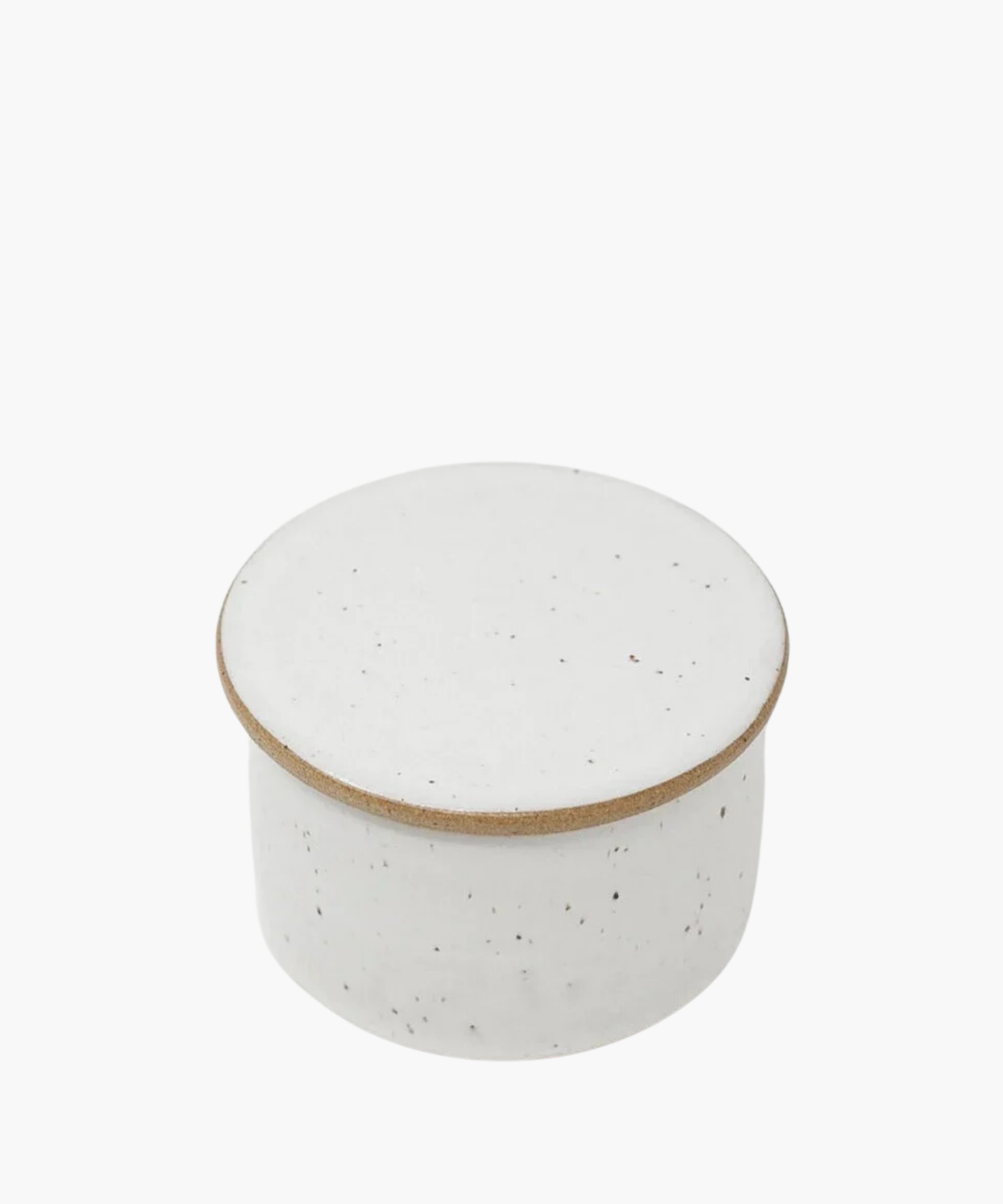 Speckled white ceramic butter keeper featuring light brown edges. The minimalist design exudes a clean, modern aesthetic.