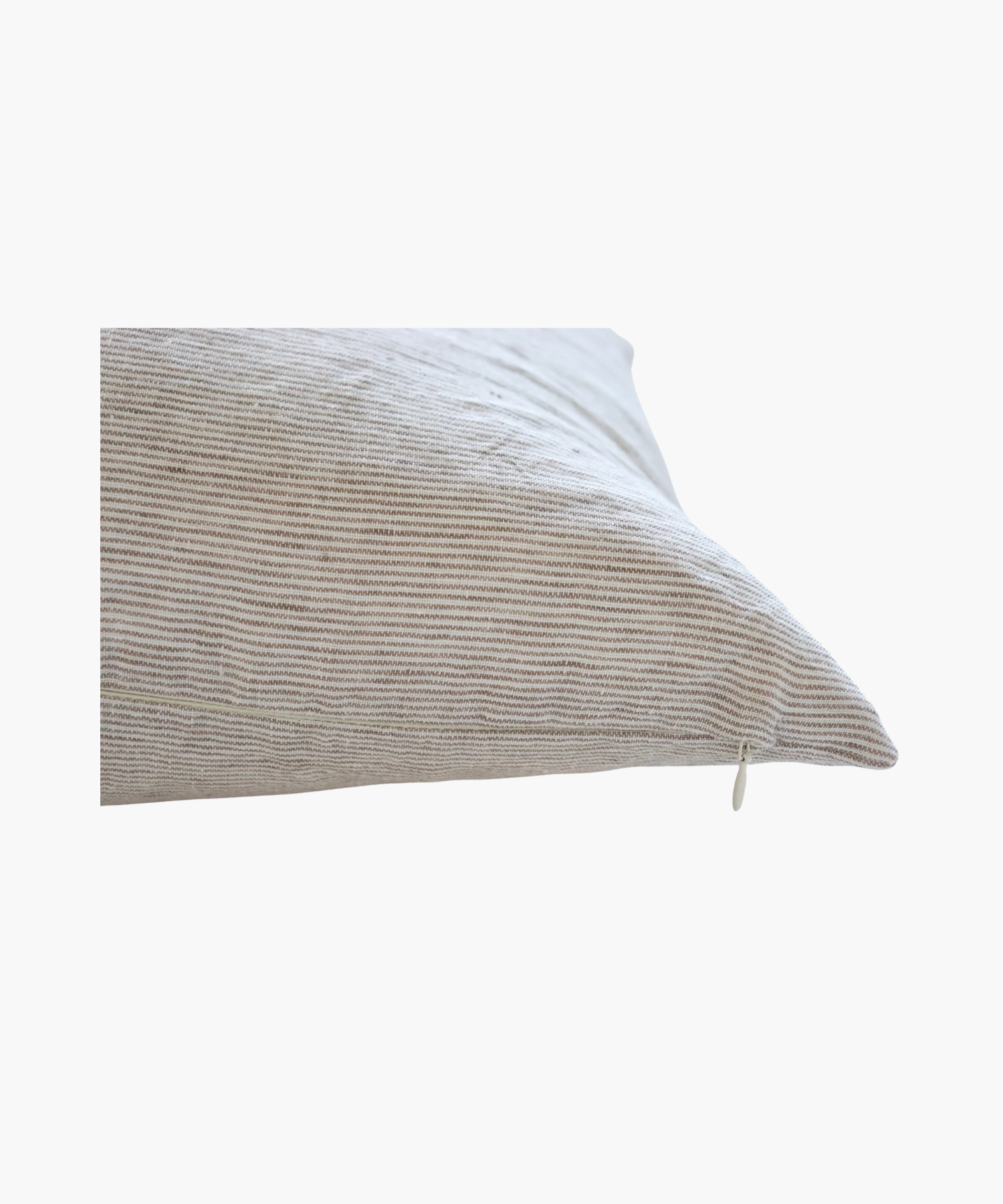 A detailed picture of a light beige pillow highlighting the textured fabric surface is shown against a plain white background. The pillow has a soft, minimalist feel.