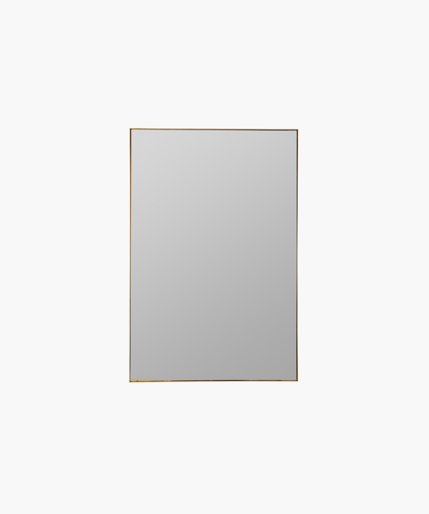 A minimalist rectangular mirror with a thin gold frame, set against a plain white background. It conveys a modern and sleek aesthetic.