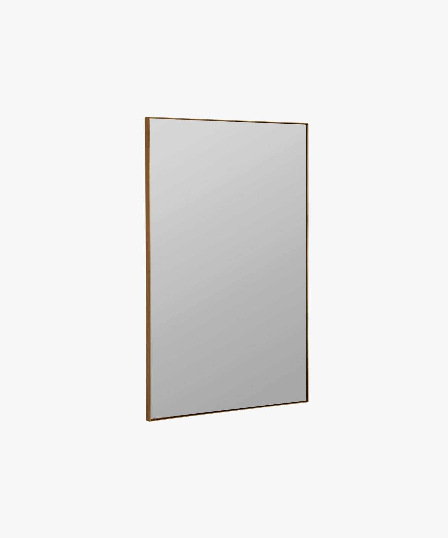 A minimalist rectangular mirror with a thin gold frame, set against a plain white background. It conveys a modern and sleek aesthetic.