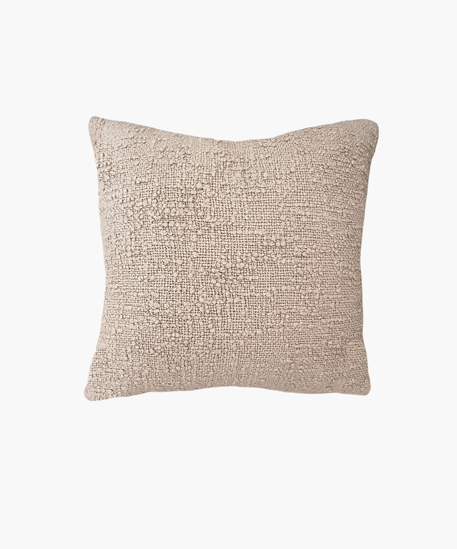 A square beige pillow with a textured, woven surface. The pillow appears soft and cozy, evoking a sense of warmth and comfort.