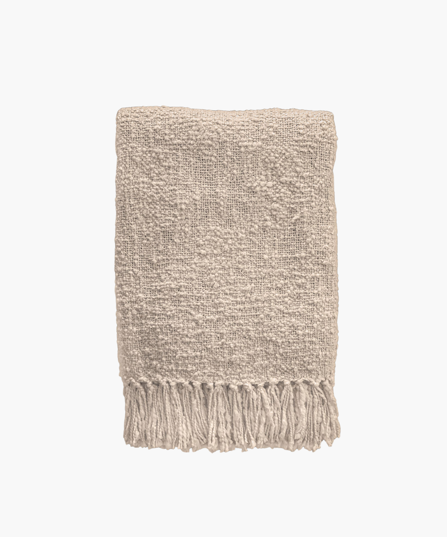 A beige colored woven throw blanket with a textured pattern and fringed edges, conveying a cozy and inviting feel. 