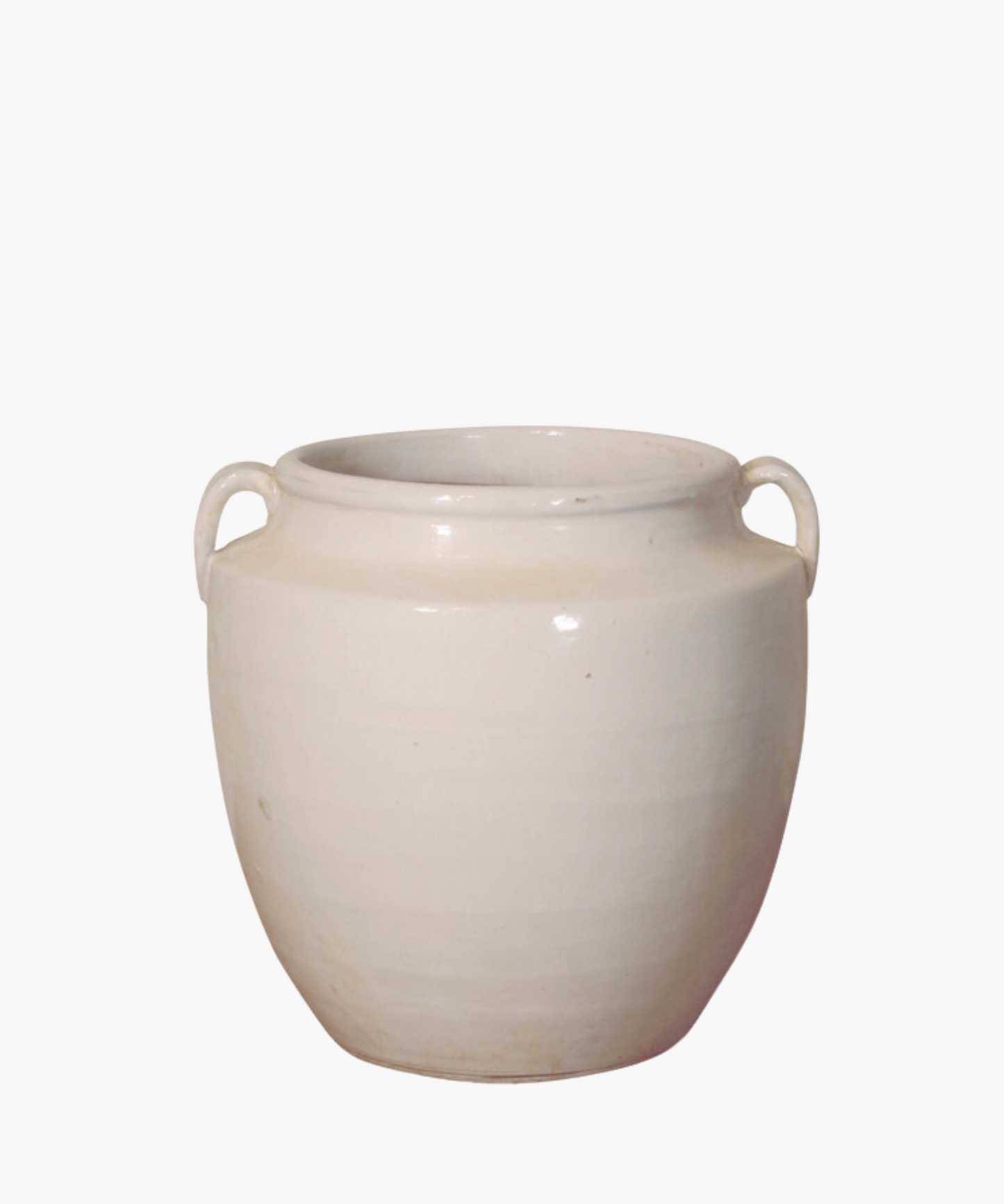 White ceramic pot with two small handles on each side. The smooth, glossy surface and wide opening give a simple, elegant appearance.