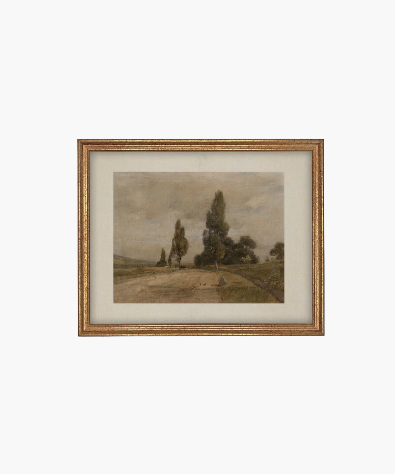 Framed landscape painting depicting a serene countryside with a dirt path, tall trees, and a cloudy sky with a marx gold frame. The muted tones evoke a calm, peaceful mood.