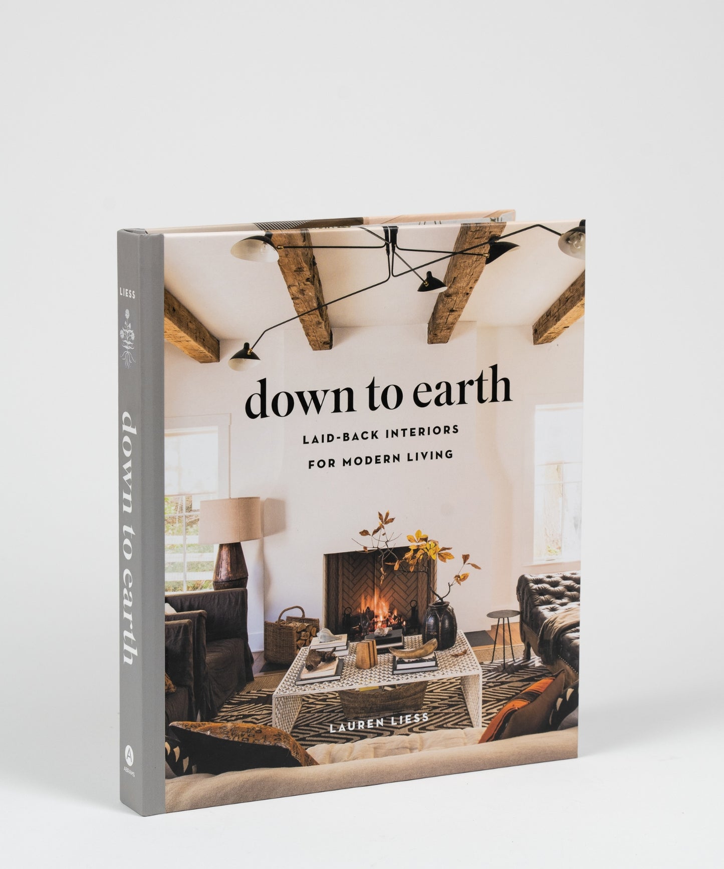 The cover of the book "Down to Earth" by Lauren Liess features a living room with a cozy fireplace, rustic wooden beams, a patterned rug, and modern furniture. The atmosphere is warm and inviting.