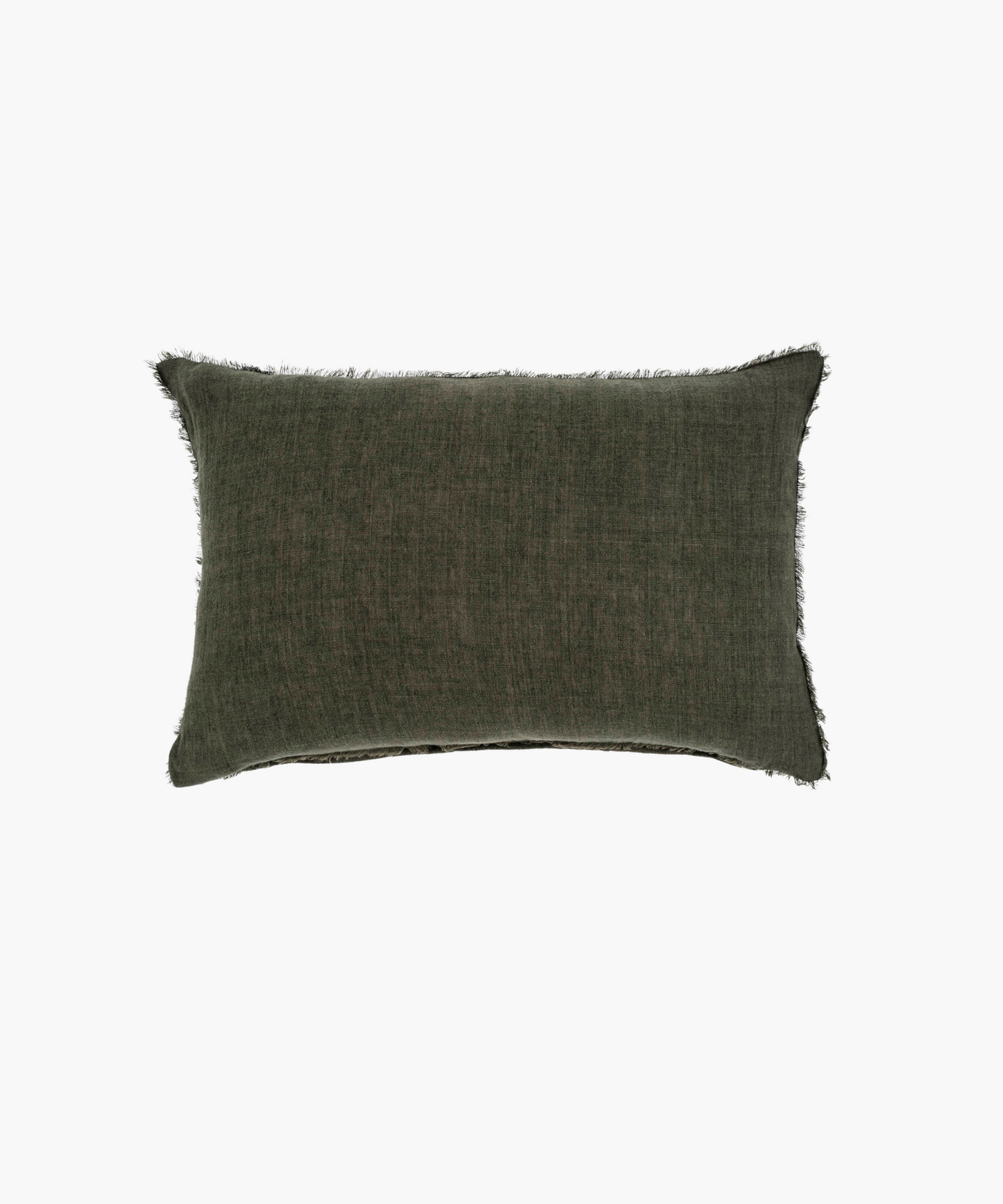 A dark olive green rectangular lumbar pillow with a textured fabric and subtle fringe along the edges, creating a cozy and elegant feel. It exudes a sense of warmth.