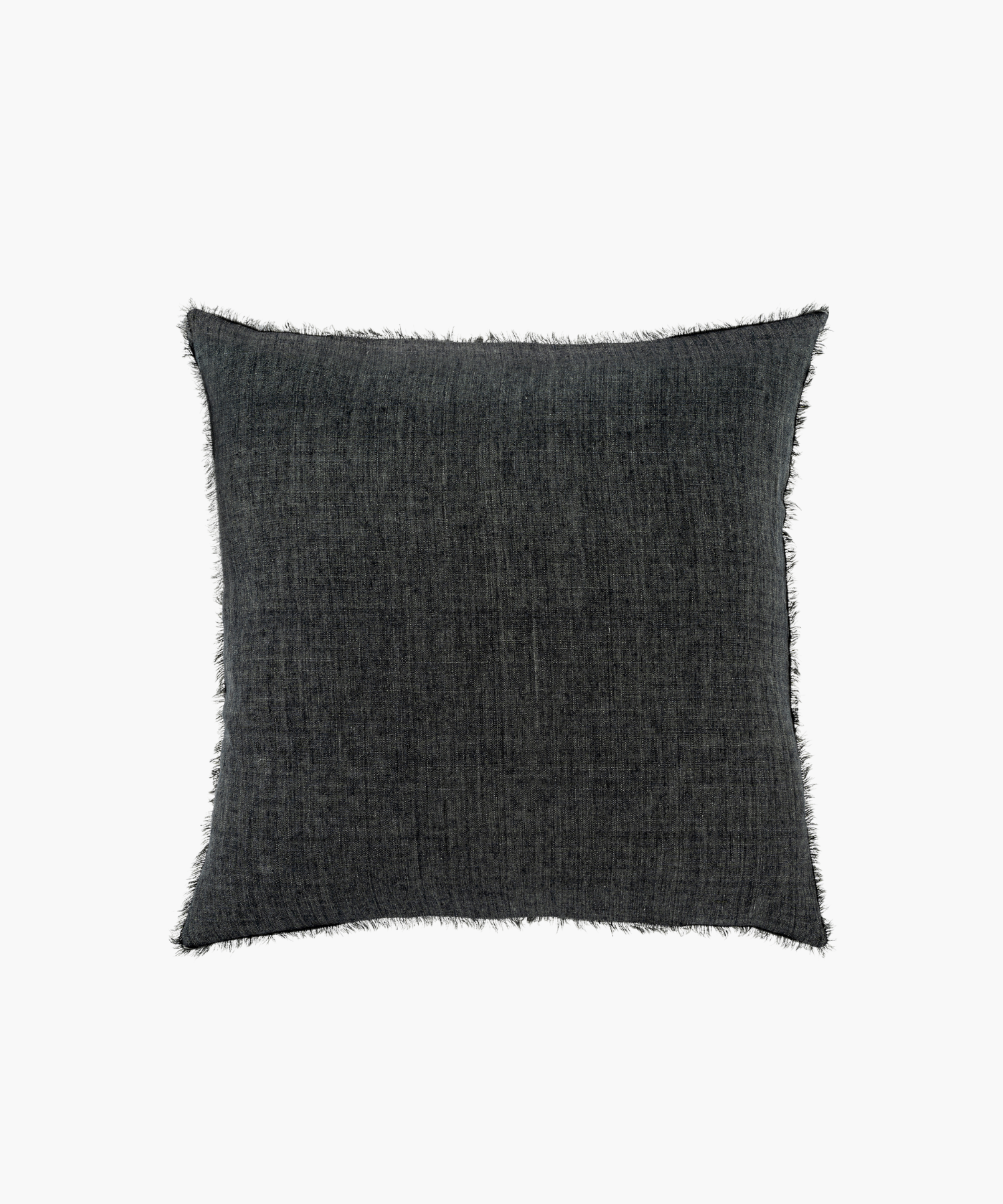 A charcoal gray square pillow with a soft texture and frayed edges. The pillow has a subtle woven pattern, creating a cozy and modern aesthetic.