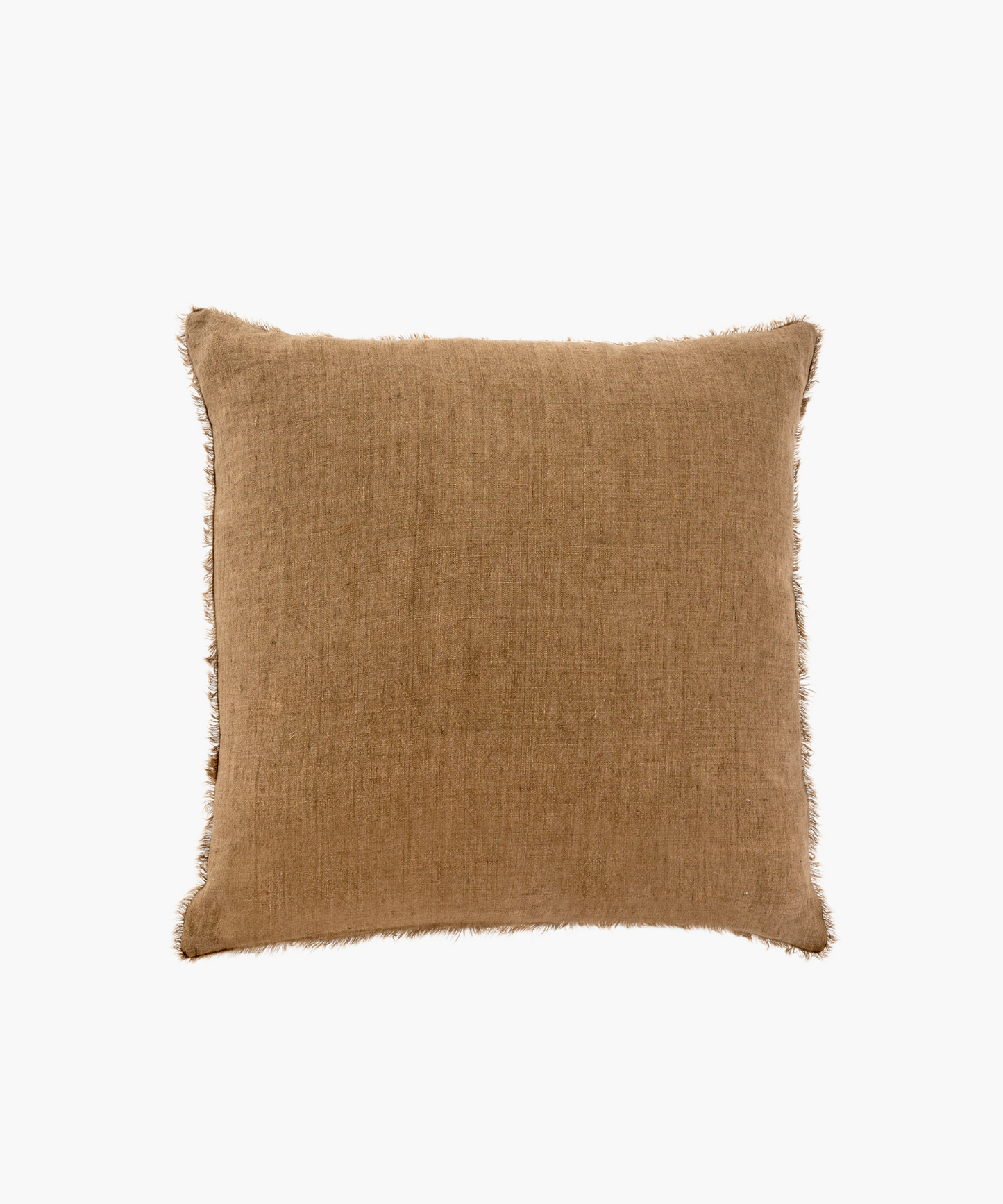 A rectangular brown pillow with a soft, textured fabric and delicate, fringed edges, conveying comfort and warmth.