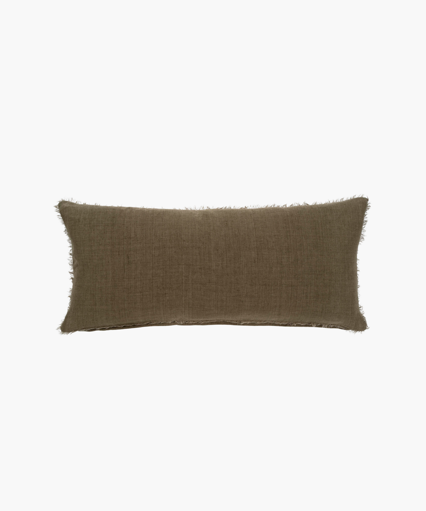 A rectangular lumbar, beige pillow with a textured fabric and frayed edges, conveying a rustic, cozy feel. Set against a plain white background.