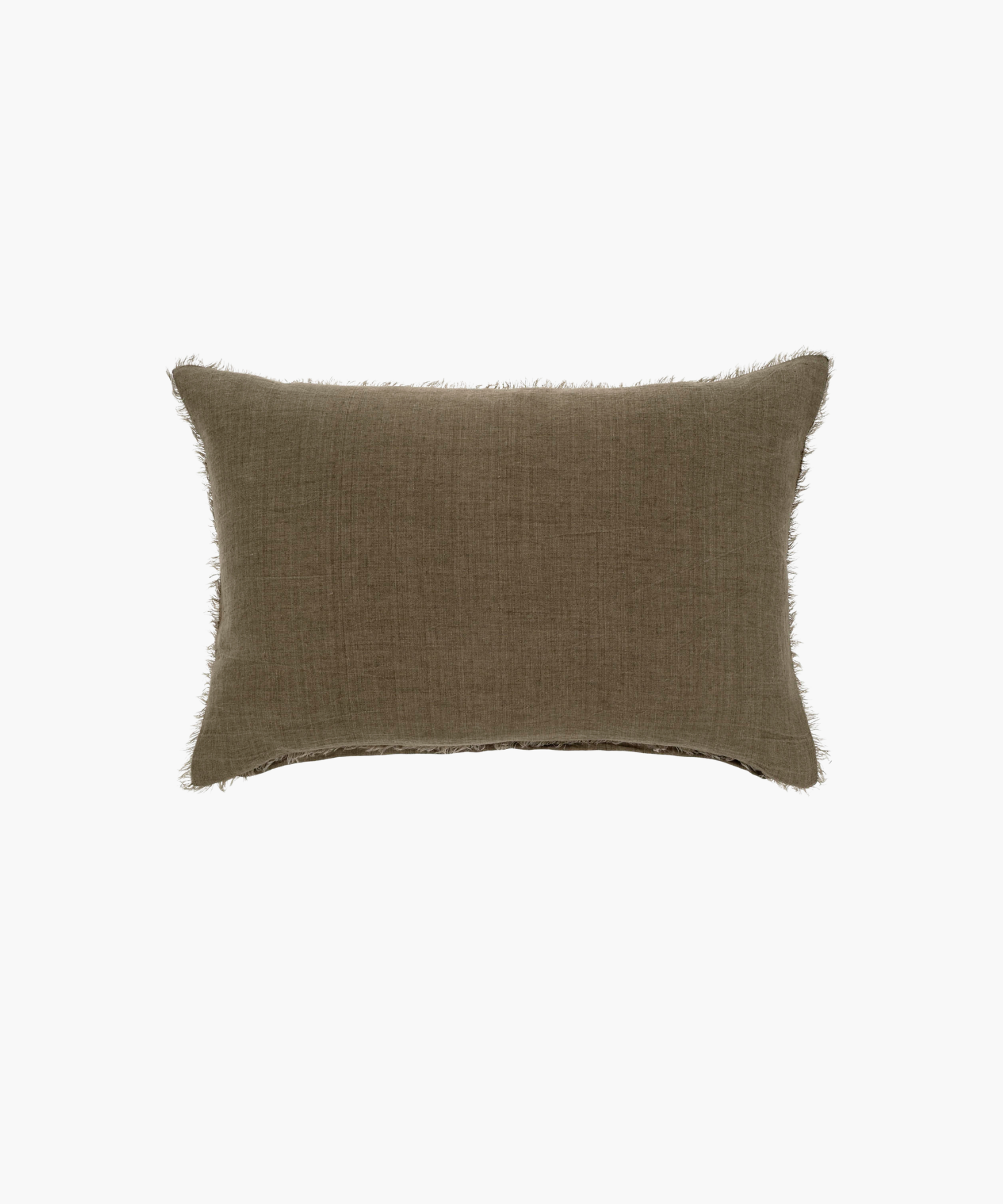 A rectangular lumbar, beige pillow with a textured fabric and frayed edges, conveying a rustic, cozy feel. Set against a plain white background.