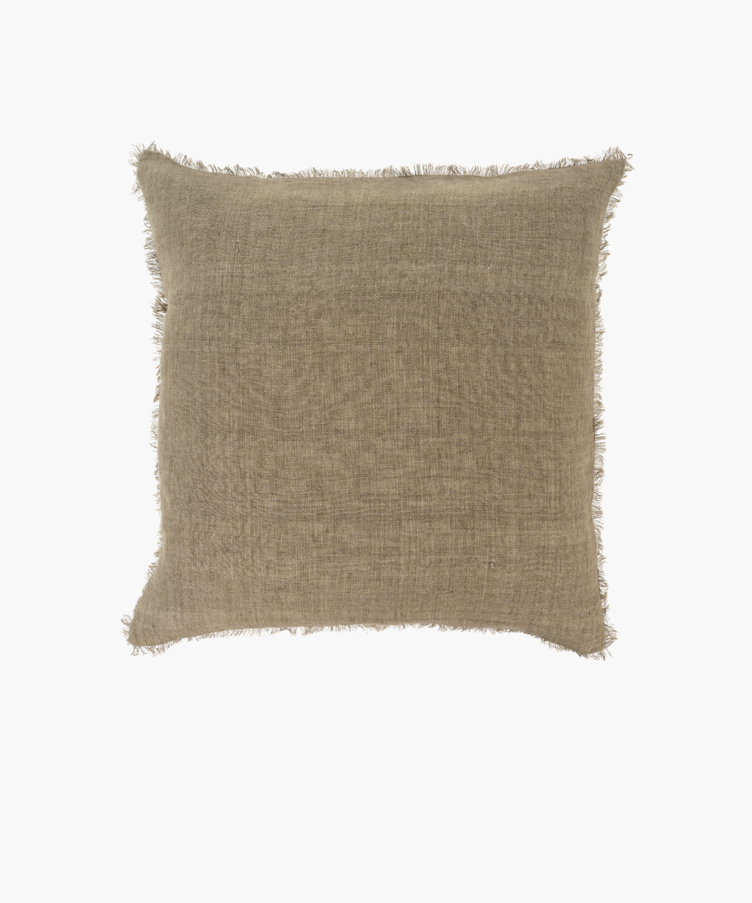 A square, beige pillow with a textured fabric and frayed edges, conveying a rustic, cozy feel. Set against a plain white background.