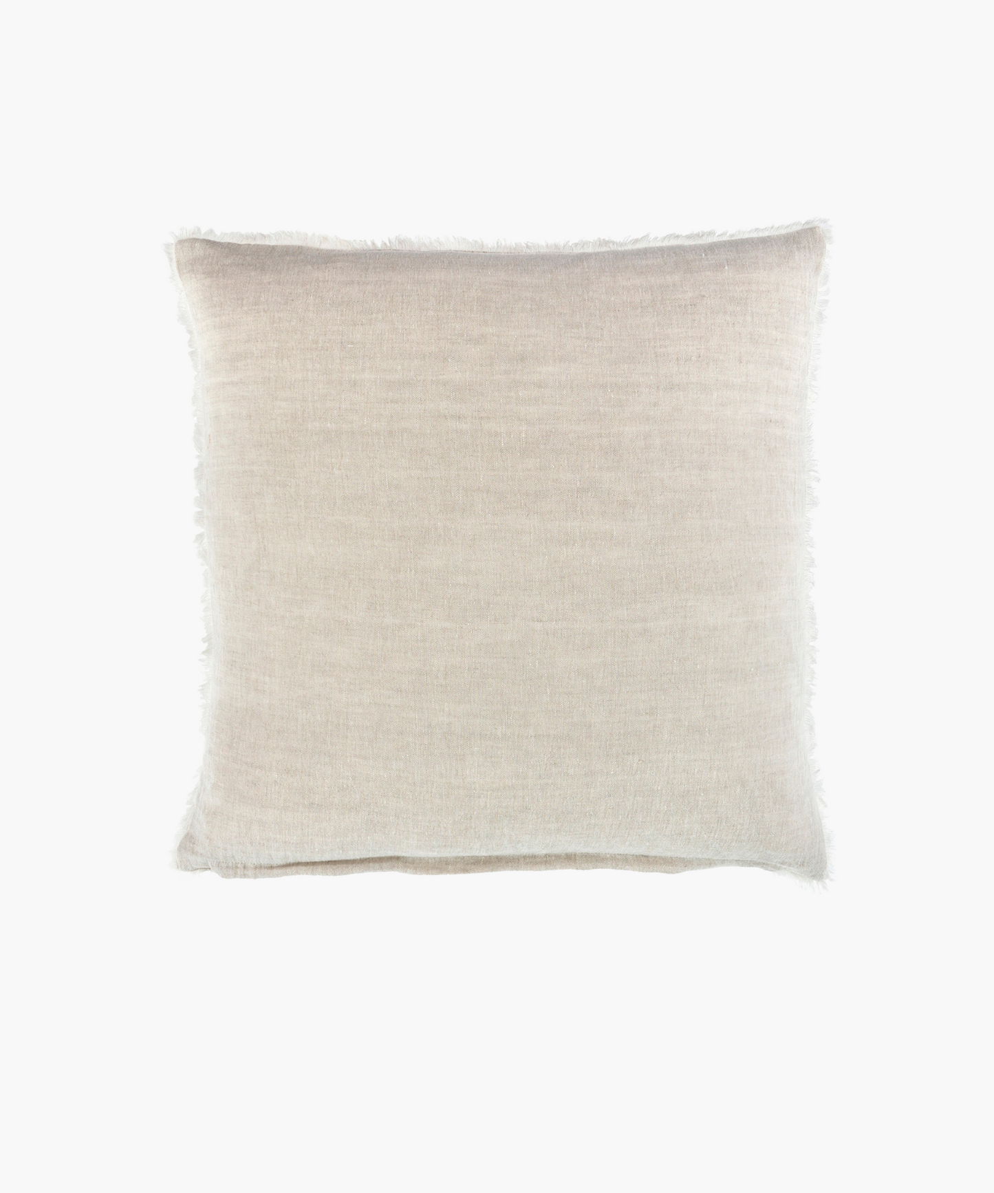 A natural linen square pillow with a smooth texture and slightly frayed edges. The neutral tone conveys simplicity and elegance, suitable for minimalistic decor.