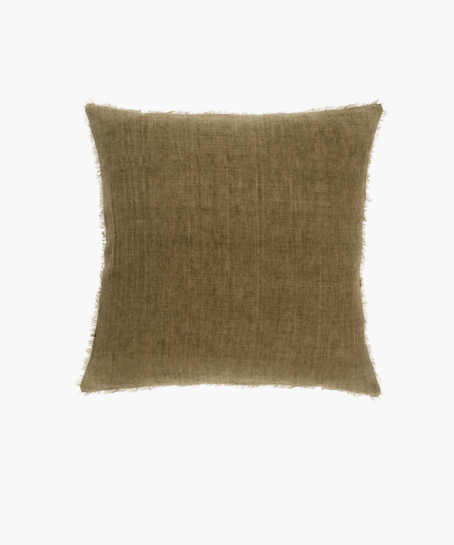 A square, olive green throw pillow with a soft, textured fabric and fringed edges. The earthy tone conveys a calm, cozy, and natural aesthetic.