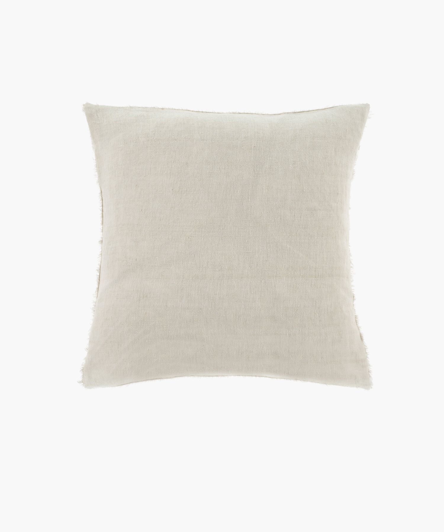 An off-white square throw pillow with a subtle texture and frayed edges, conveying a cozy, rustic feel. The pillow appears soft and inviting.