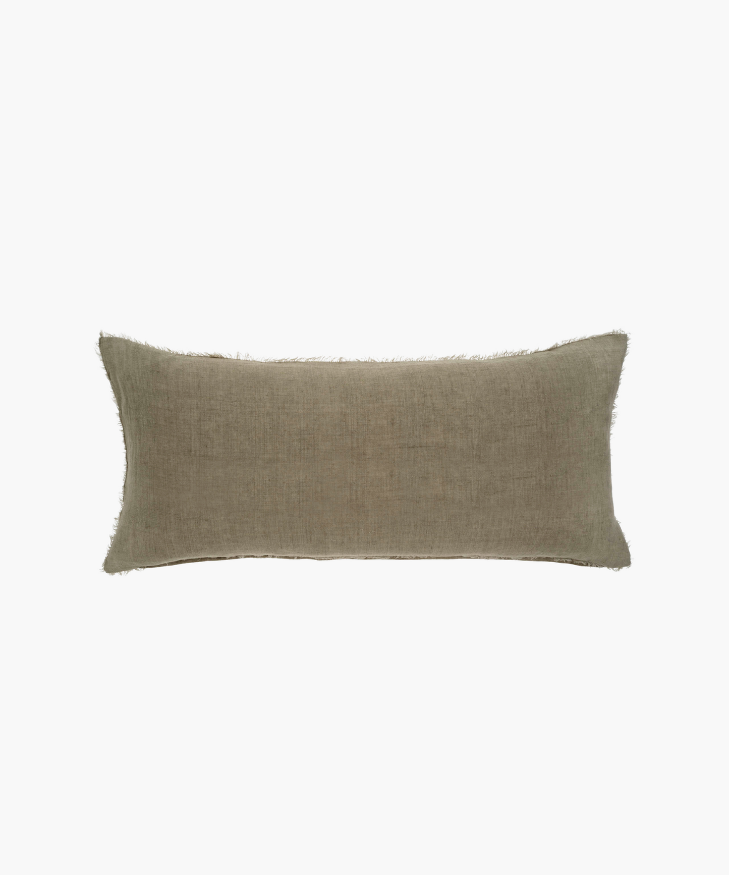 A rectangular lumbar, beige pillow with a subtle textured fabric and frayed edges. The pillow has a minimalist, cozy appearance, suitable for neutral decor.