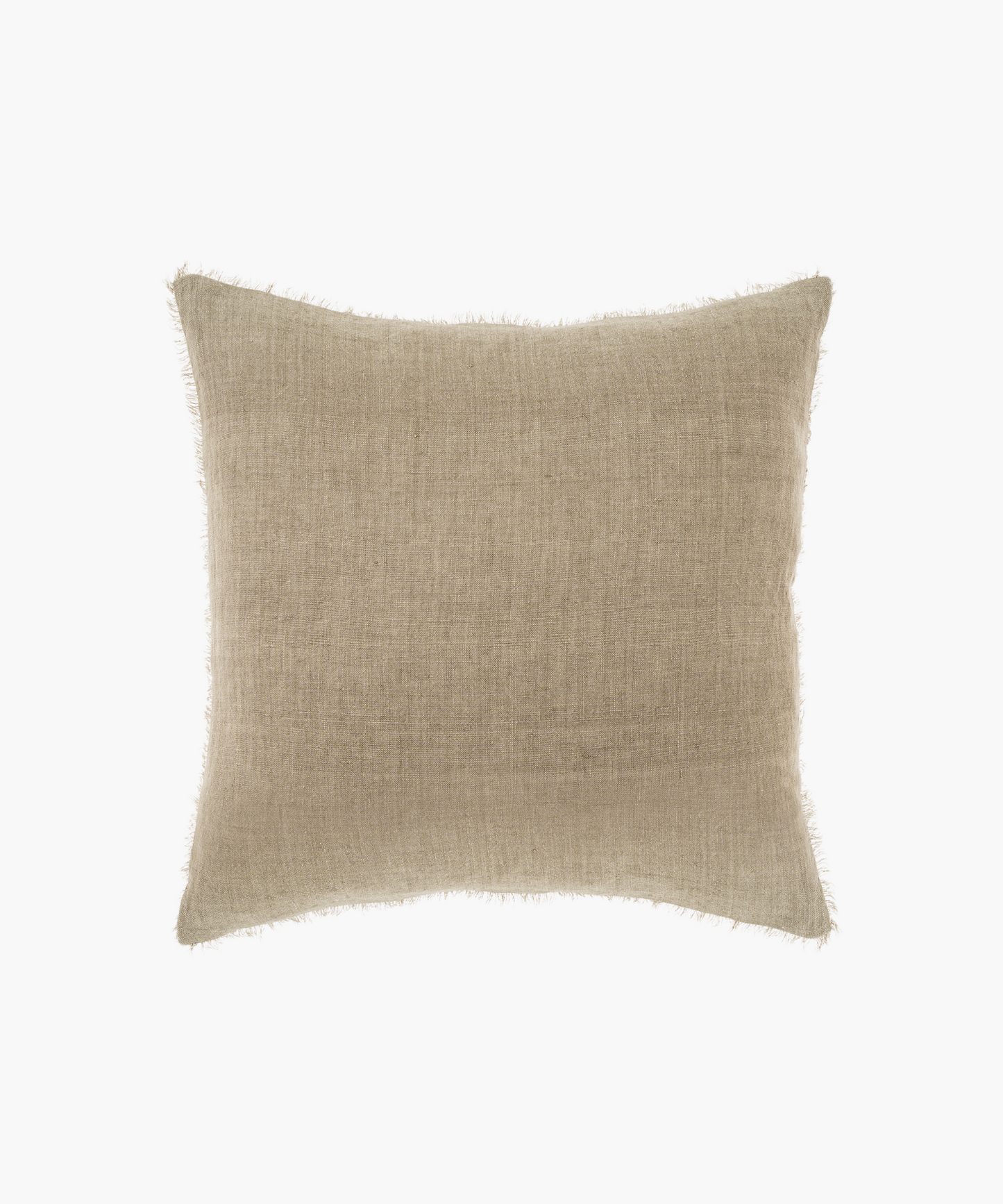 A square, beige pillow with a subtle textured fabric and frayed edges. The pillow has a minimalist, cozy appearance, suitable for neutral decor.