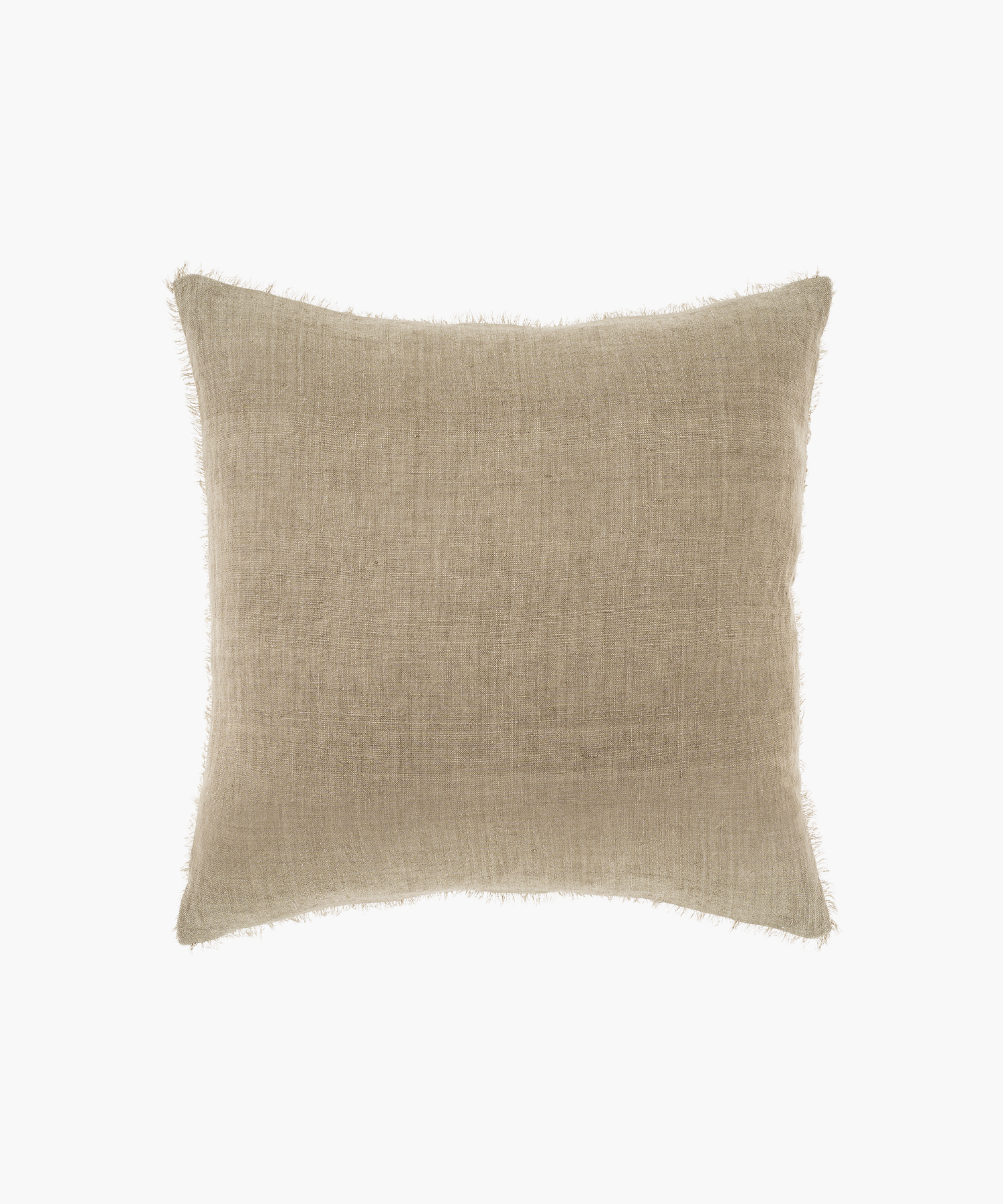 A square, beige pillow with a subtle textured fabric and frayed edges. The pillow has a minimalist, cozy appearance, suitable for neutral decor.