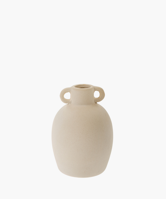 A beige ceramic vase with a round body and two loop handles near the narrow neck. Its simple, smooth texture gives a minimalist and elegant feel.