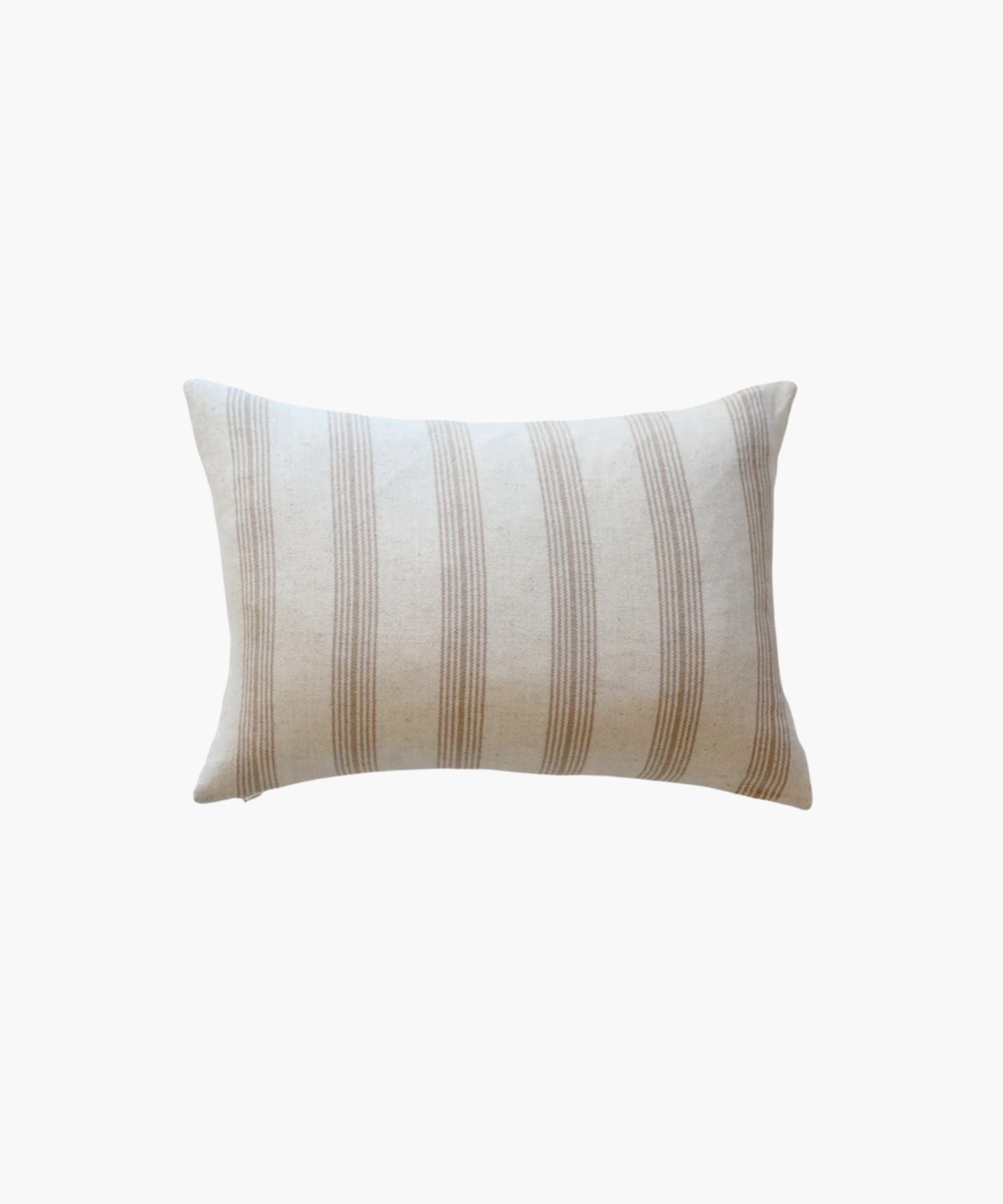 A rectangular or lumbar pillow cover with vertical tan woven stripes on a cream cotton fabric background. The design conveys a neutral and calming tone, suitable for various decor styles.