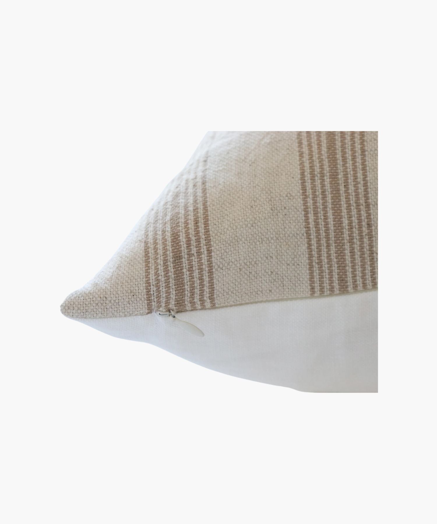 A close up of a pillow cover with vertical tan woven stripes on a cream cotton fabric background. The design conveys a neutral and calming tone, suitable for various decor styles.