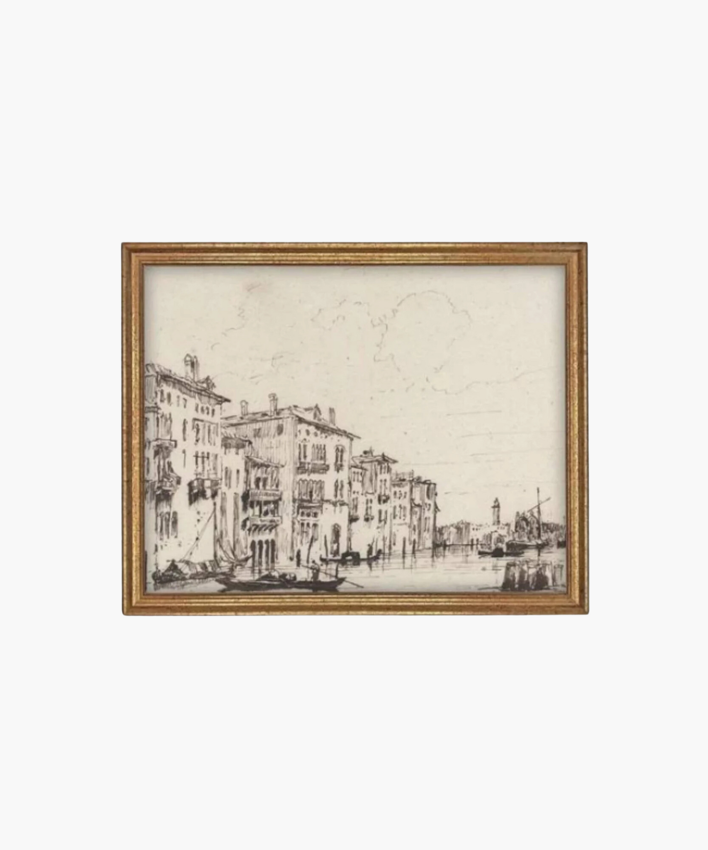 Framed sepia drawing of a Venetian canal scene with historic buildings. Boats float on calm water, evoking a serene, timeless atmosphere.