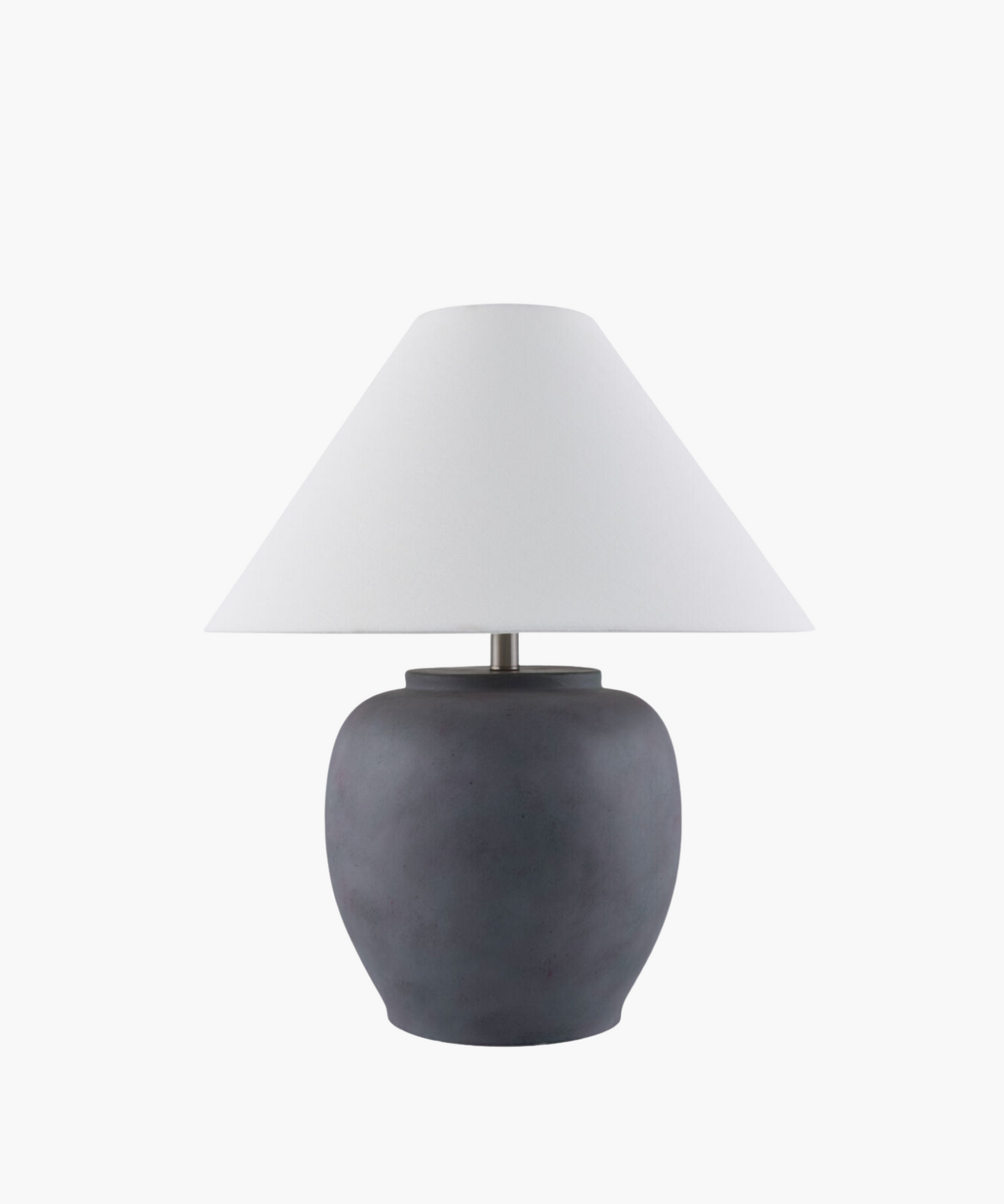 A minimalist table lamp with a broad, smooth gray ceramic base and a crisp white conical shade. The design is modern and calming, ideal for interiors.