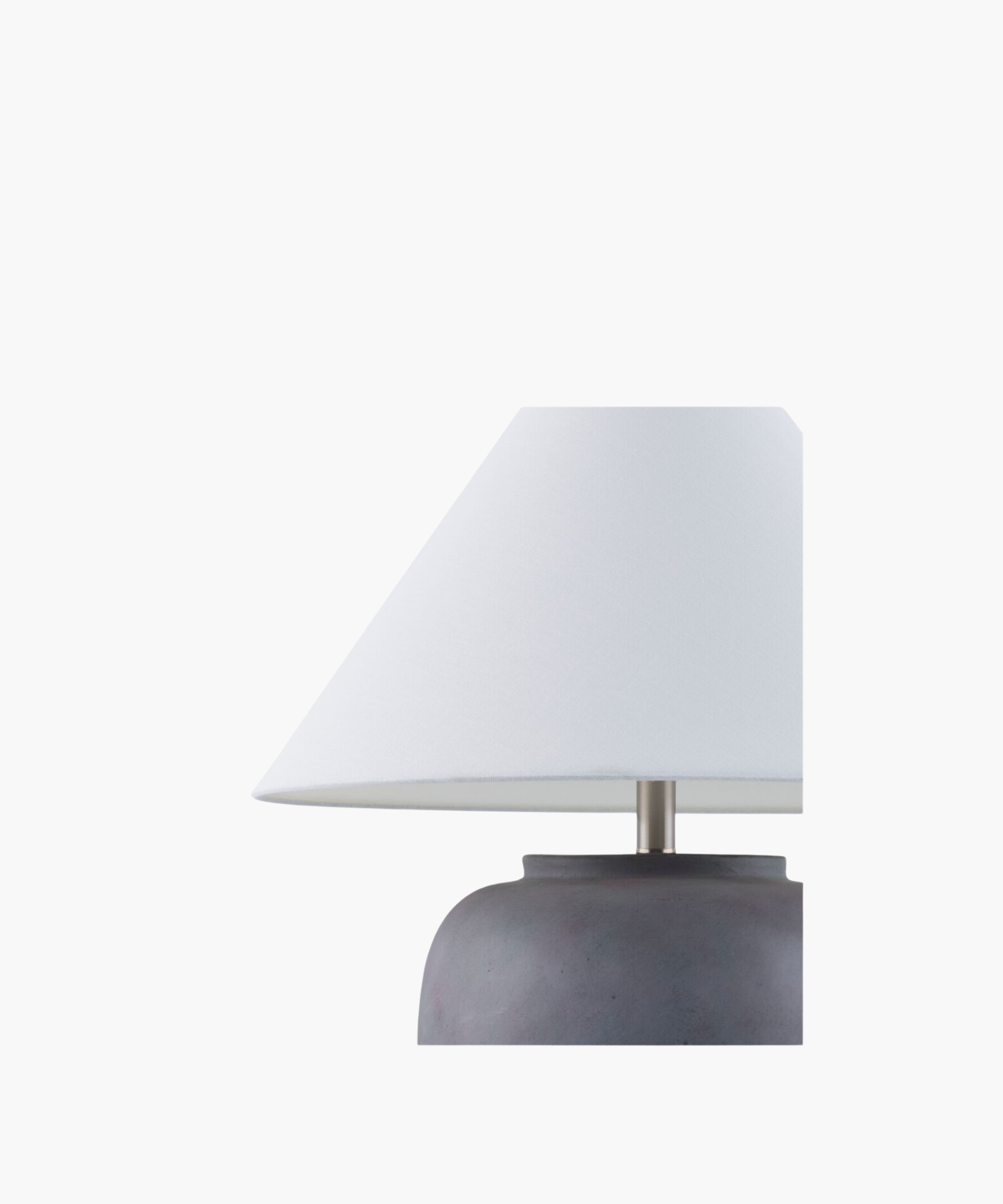 A minimalist table lamp with a broad, smooth gray ceramic base and a crisp white conical shade. The design is modern and calming, ideal for interiors.