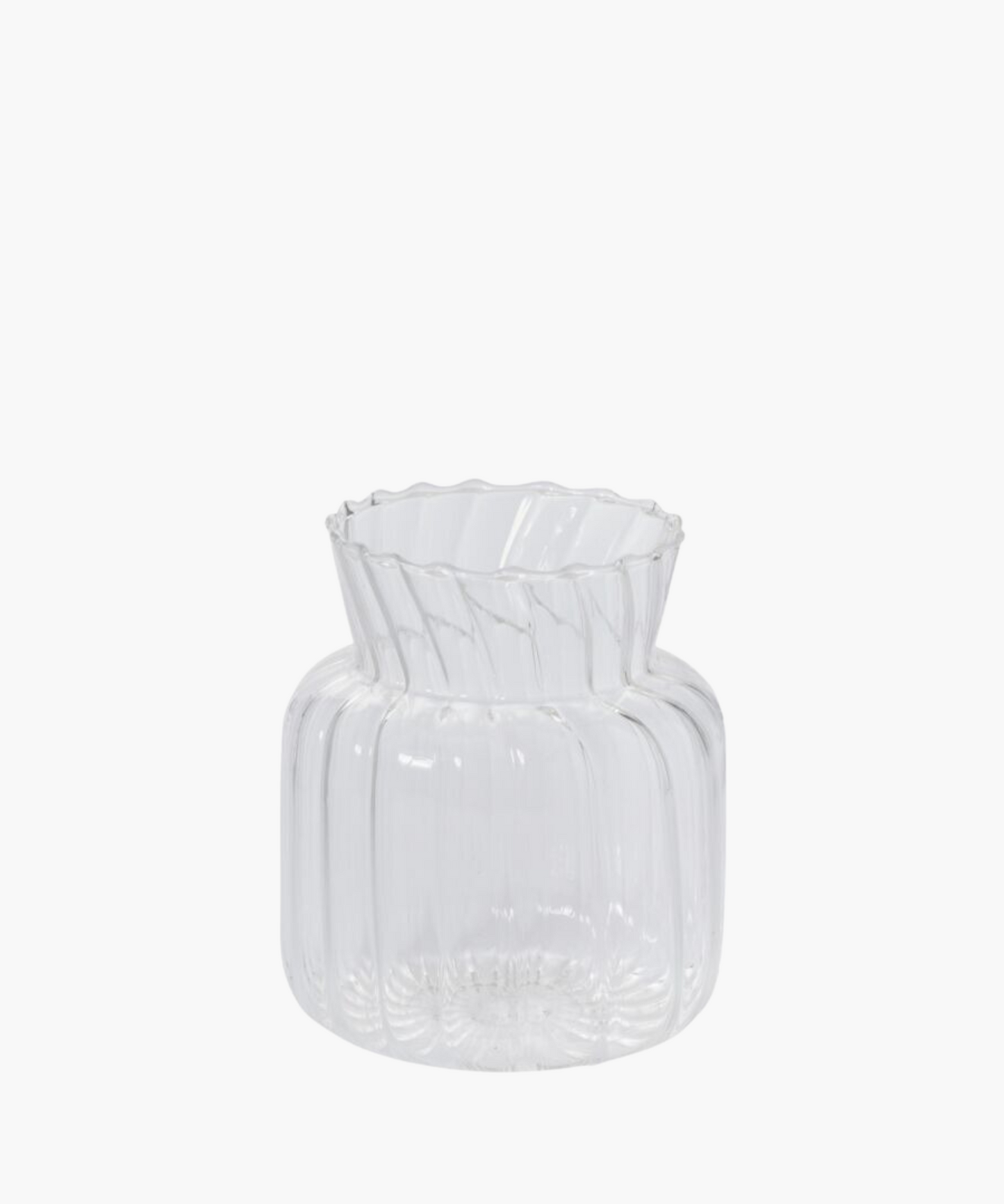 A transparent, fluted glass vase with a scalloped rim, short neck, and bulbous base. The design is elegant, minimalistic, and contemporary.