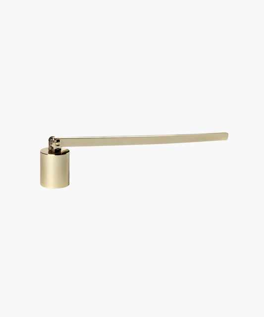 A gold-tone, cylindrical candle or wick snuffer with a long handle extending horizontally. The design is sleek and minimalist against a white background.