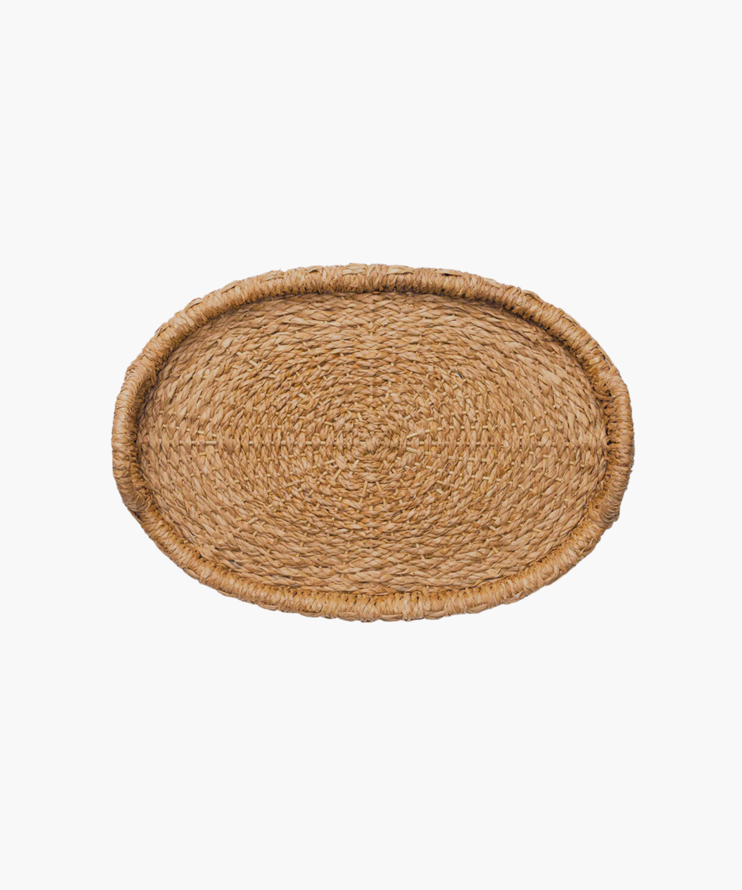 Overhead view of an oval hand-woven seagrass and rattan tray or basket with two looped handles on each side in natural brown tones. The tightly woven pattern suggests a sturdy, rustic style, suitable for home decor.